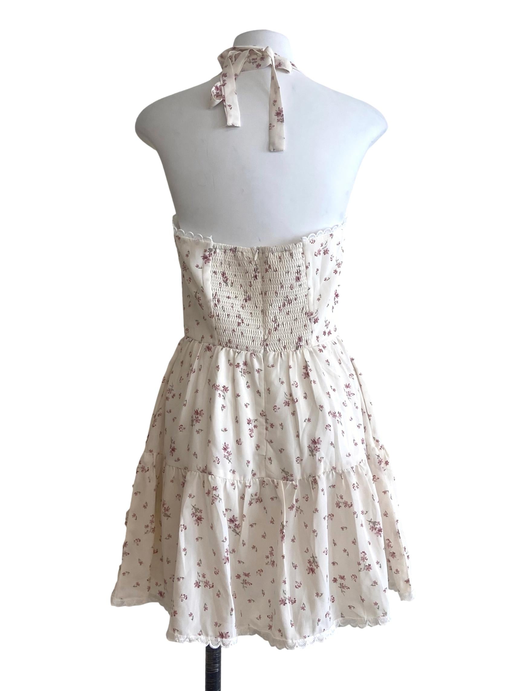 White & Floral Halter Neck Layered Dress