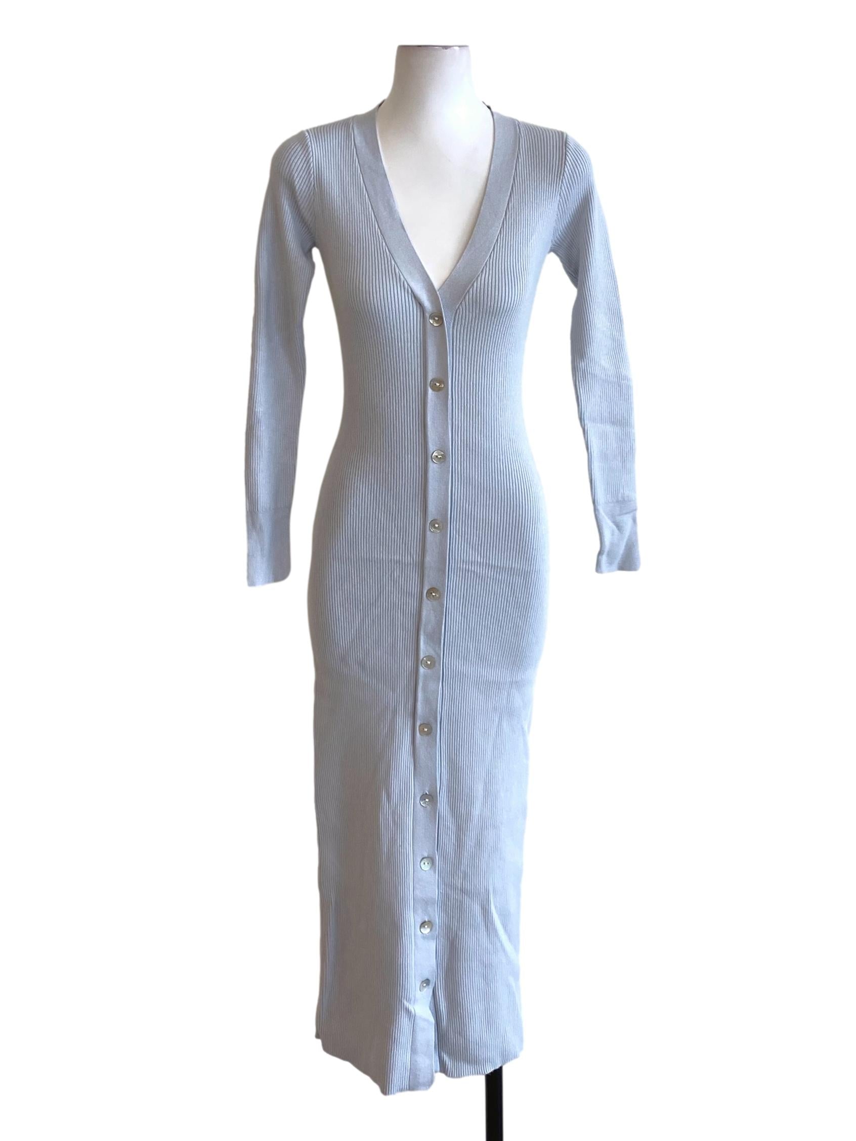 Dusty Blue Buttoned Down Knitted Shirt Bodycon Dress