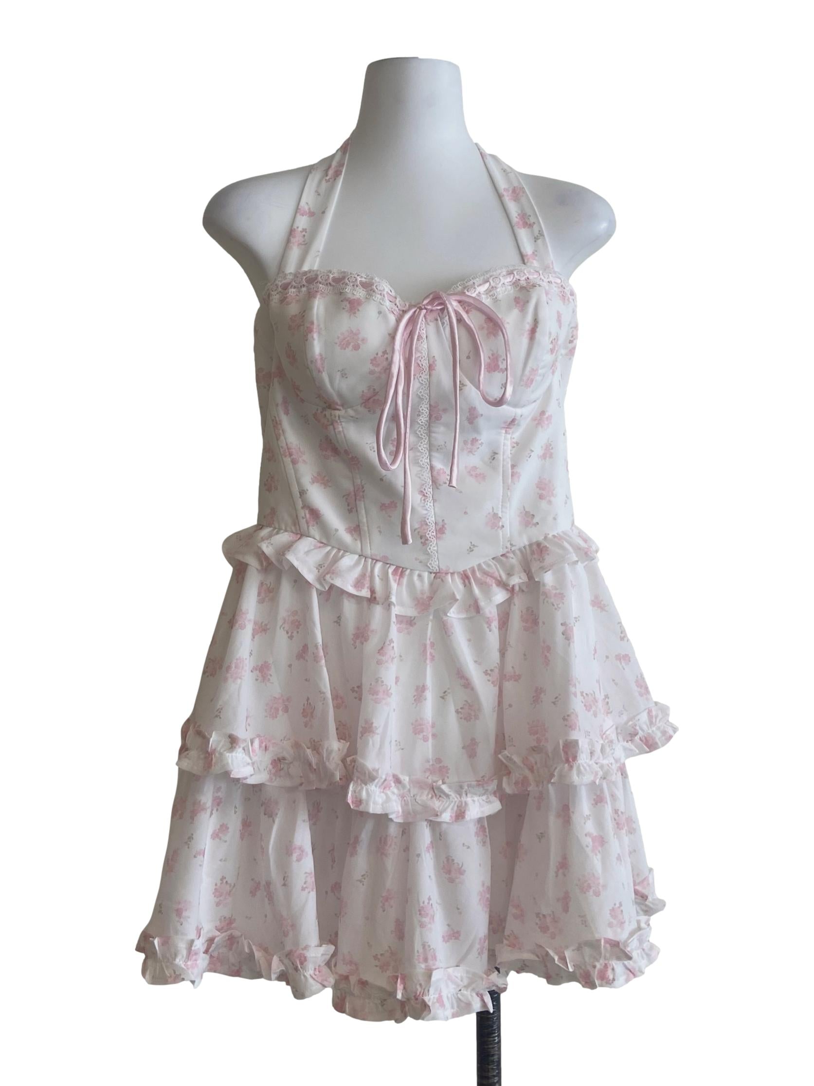 White & Pink Floral Halter Neck Dress
