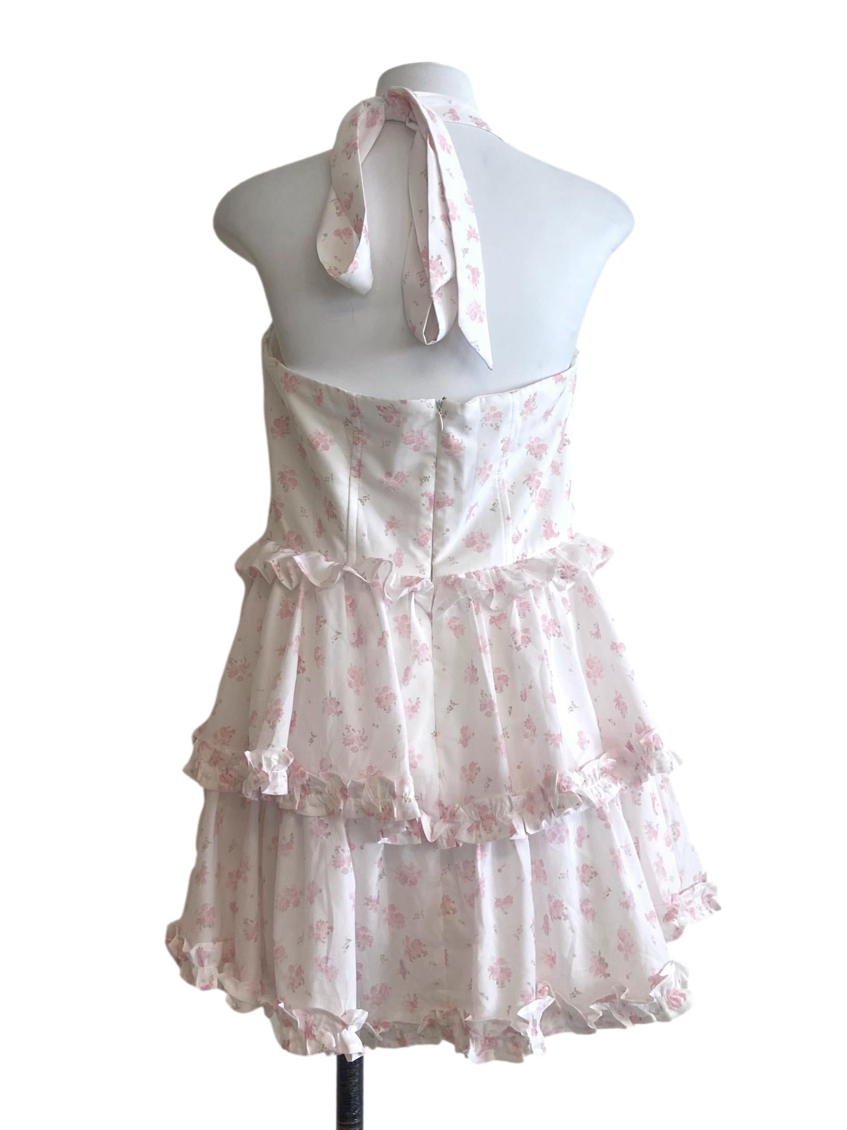 White & Pink Floral Halter Neck Dress