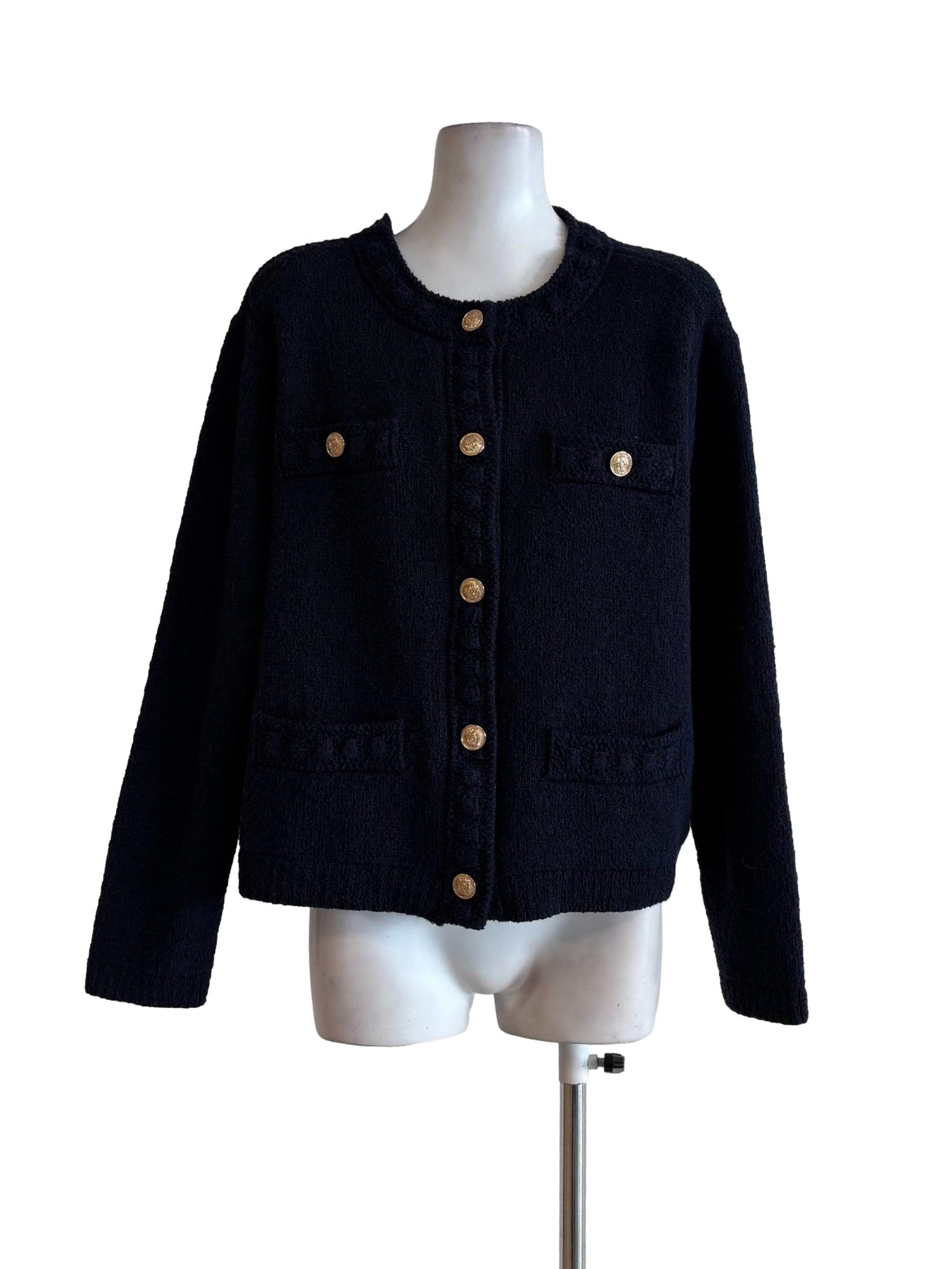 Blue Black Buttoned Fuzzy Tweed Jacket