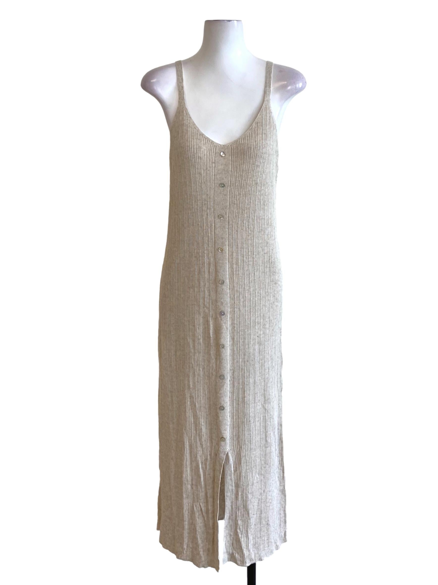 Beige Brown Scoop Neck Buttoned Down Knitted Bodycon Dress
