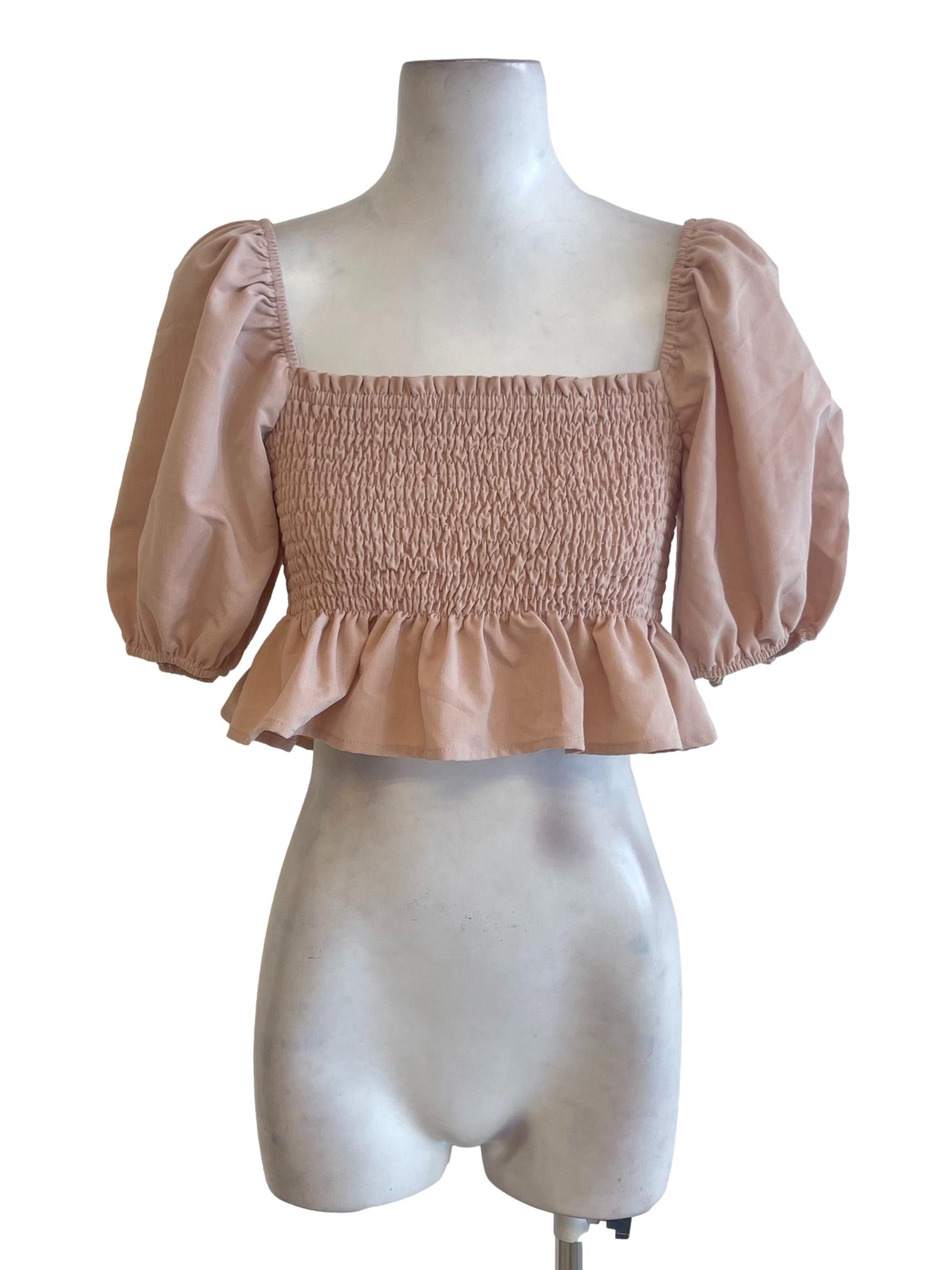 Soft Pink Peasant Neck Ruffle Hem Top