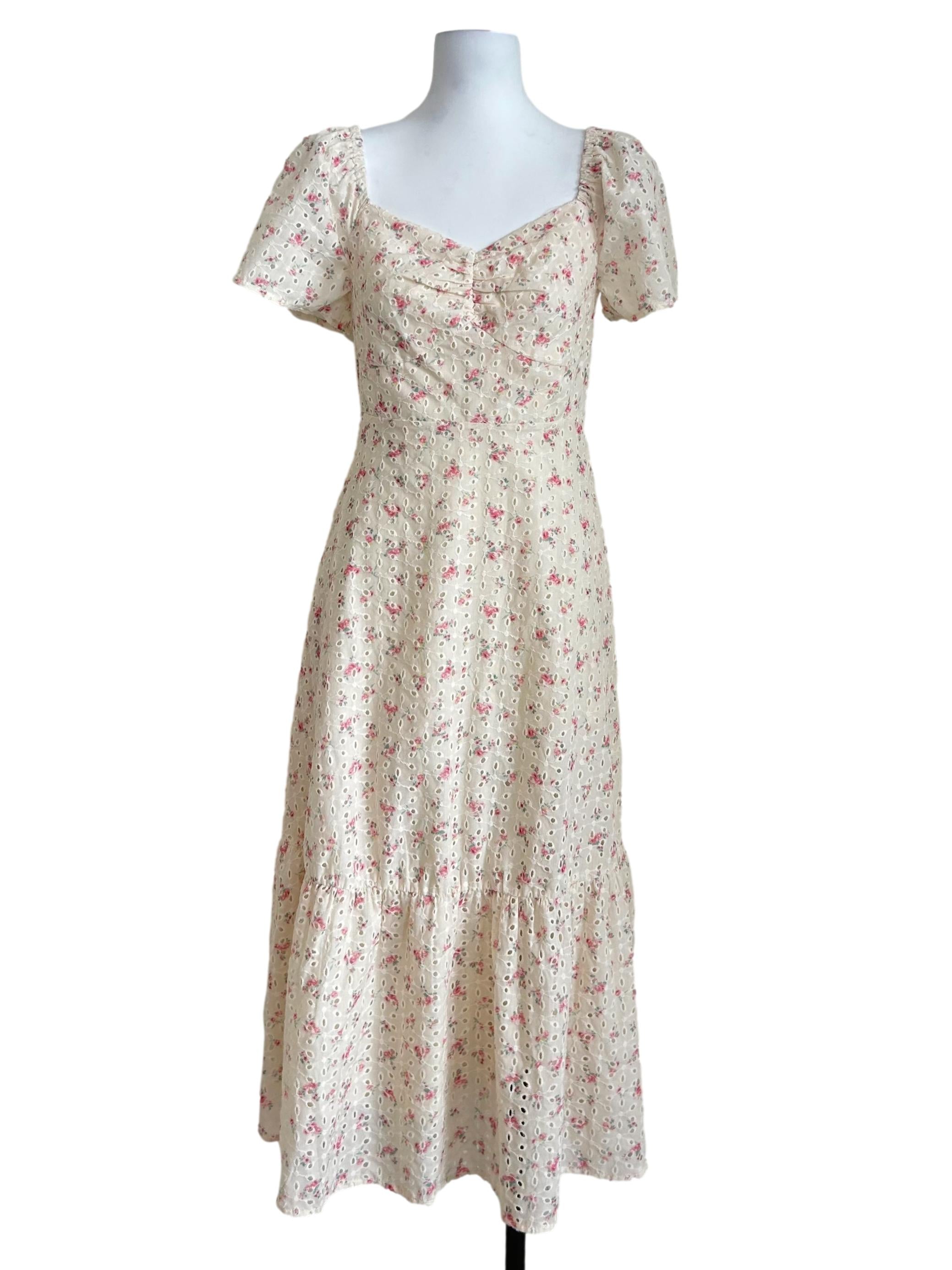 Cream Eyelet Floral Puff Sleeve Midi Dress