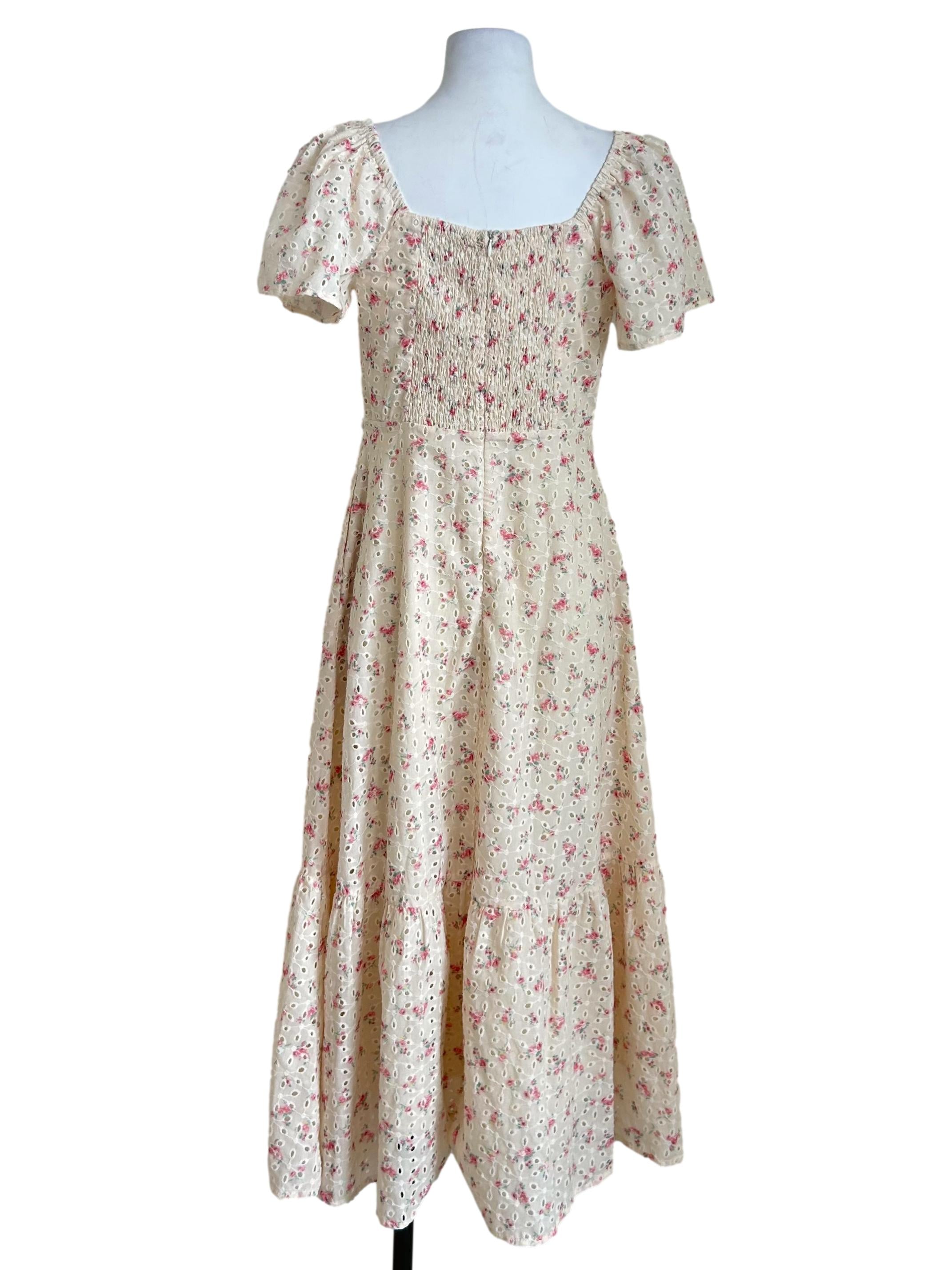 Cream Eyelet Floral Puff Sleeve Midi Dress