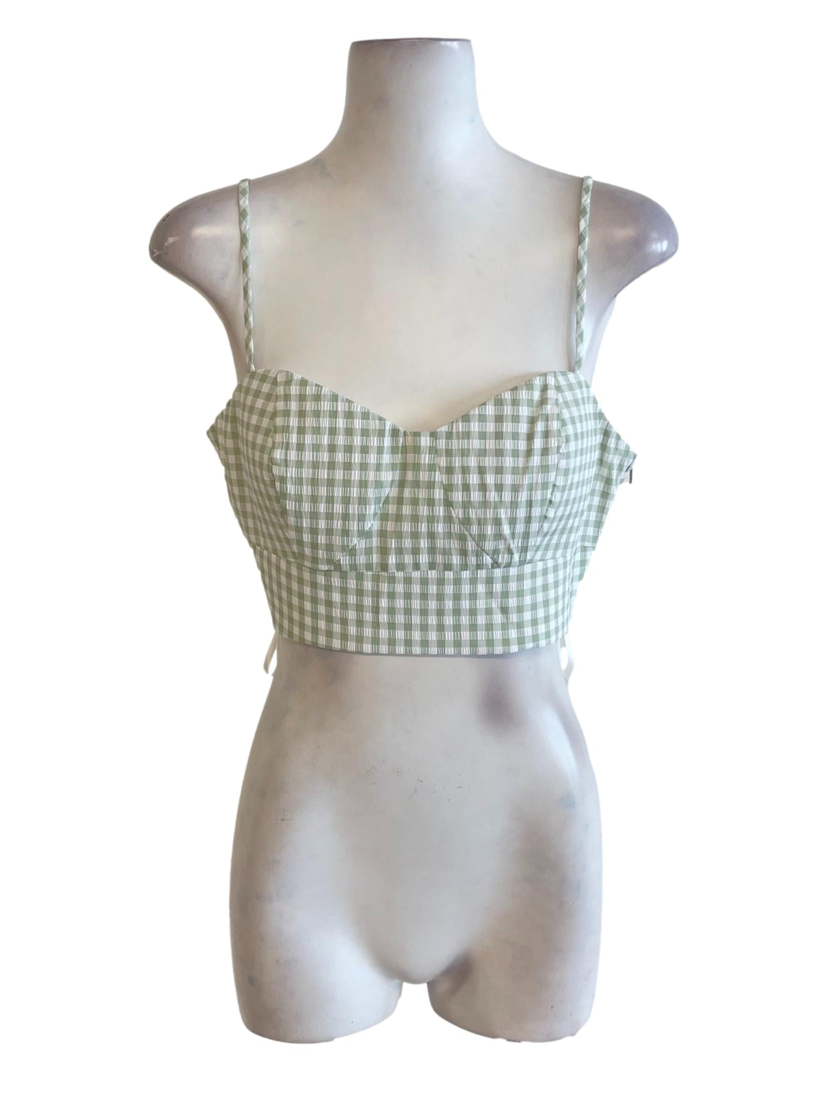 Green Gingham Spaghetti Strap Crop Top