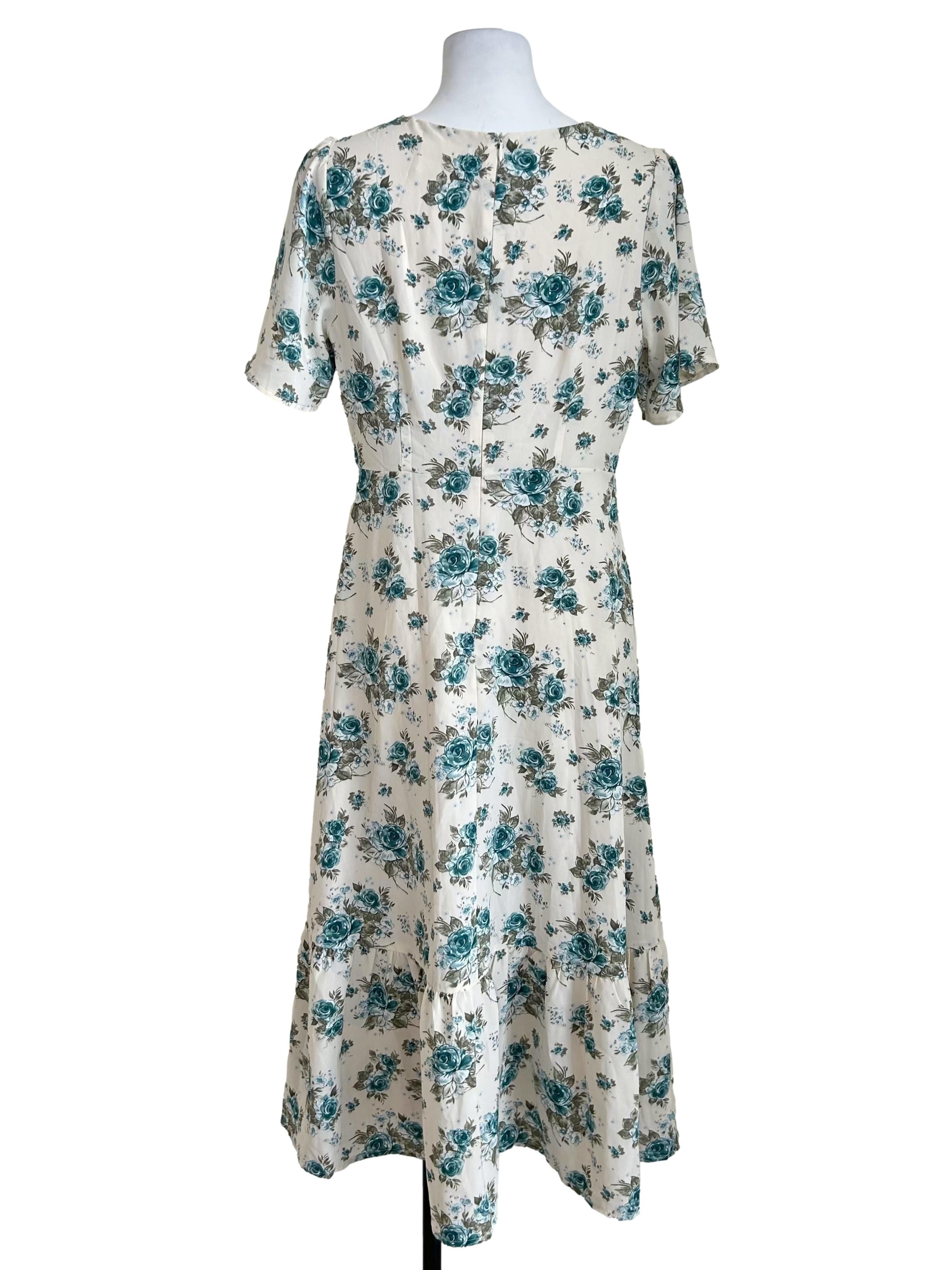 White Teal Floral Pleated Midi Dress