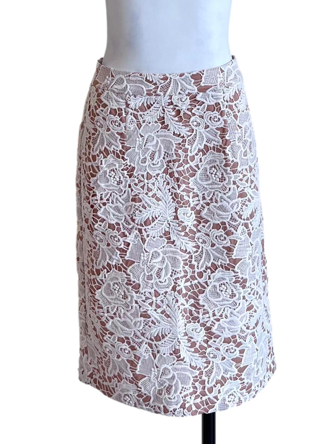 White And Beige Floral Lace Skirt