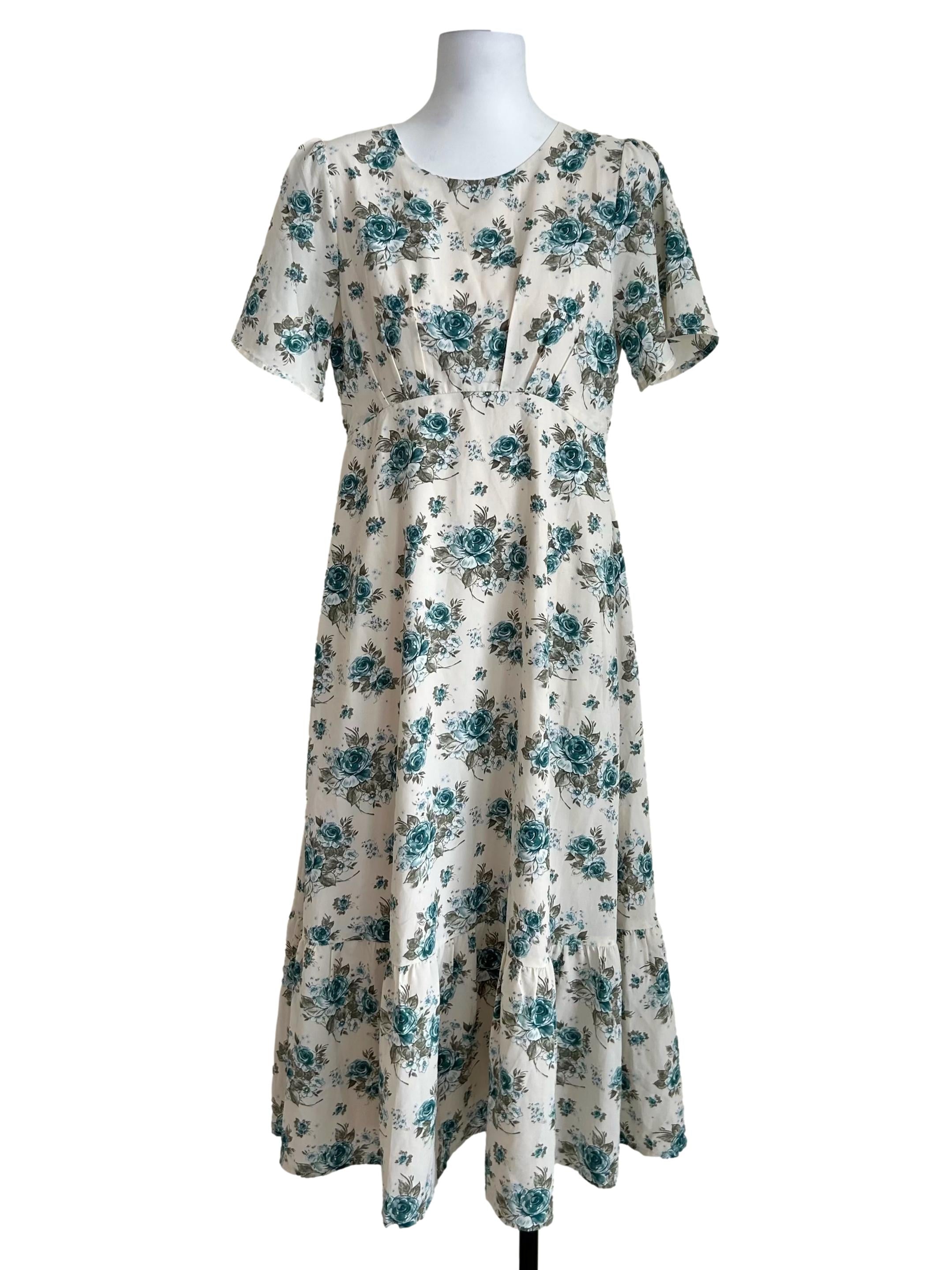 White Teal Floral Pleated Midi Dress