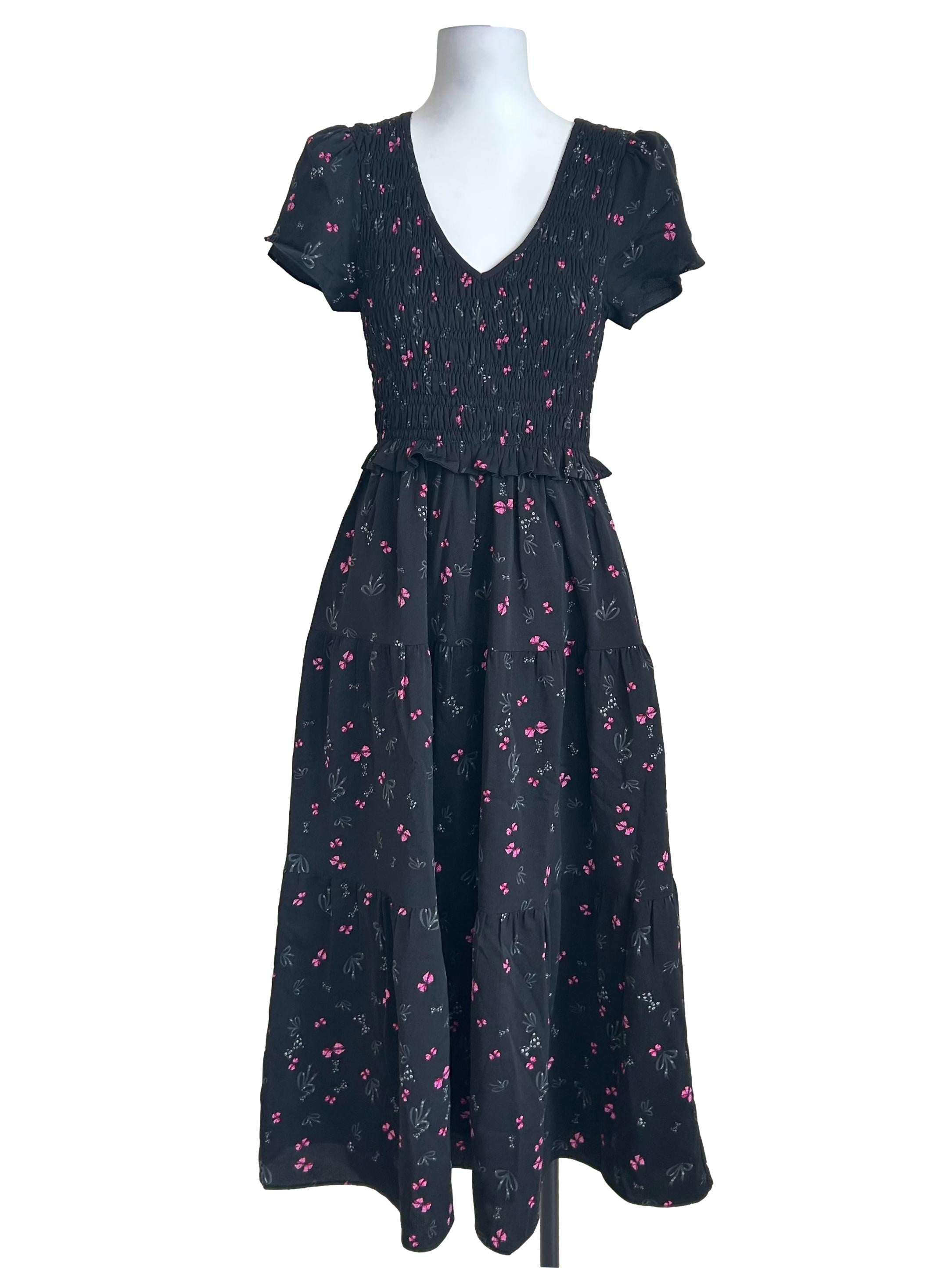 Black Pink Floral Smocked Dress
