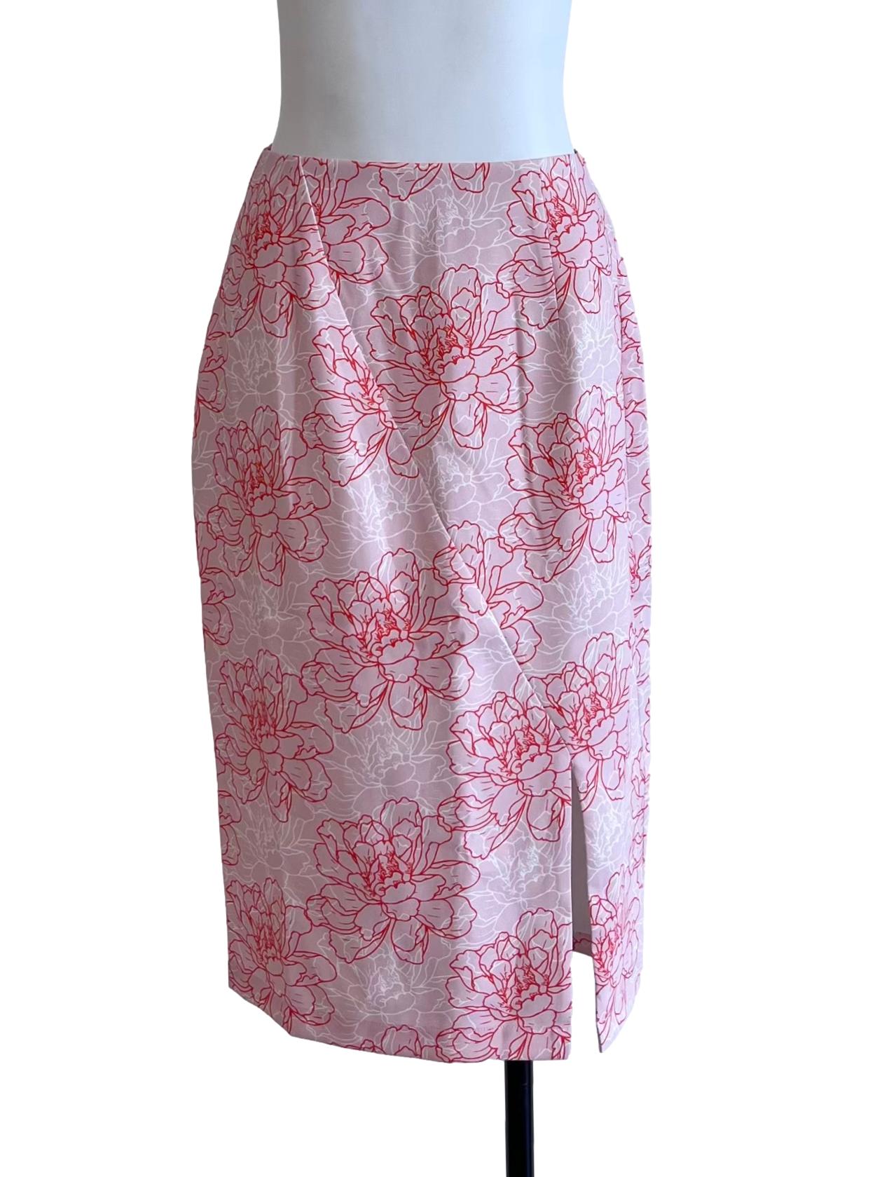 Pink Floral Print Pencil Skirt With Slit