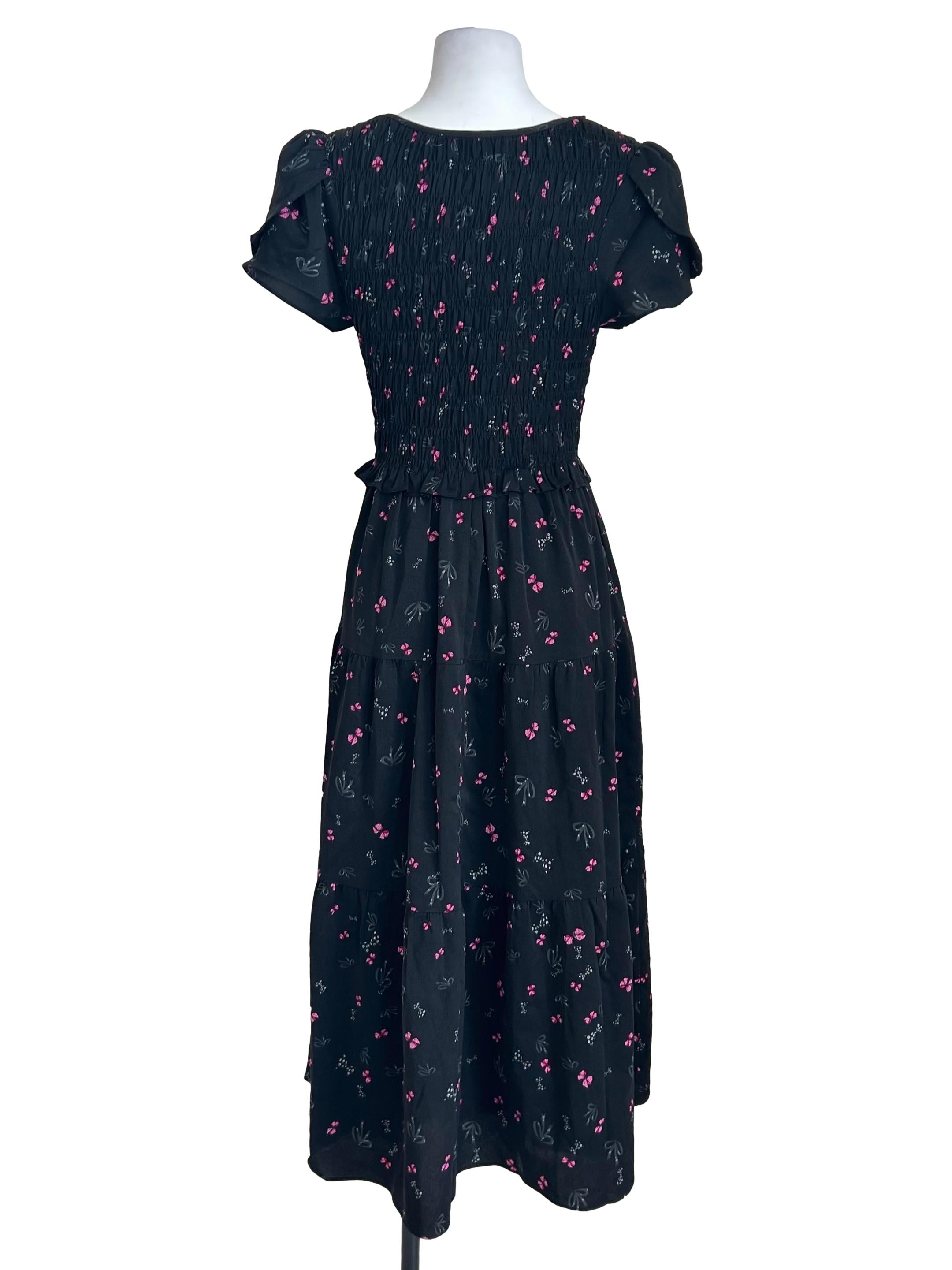 Black Pink Floral Smocked Dress