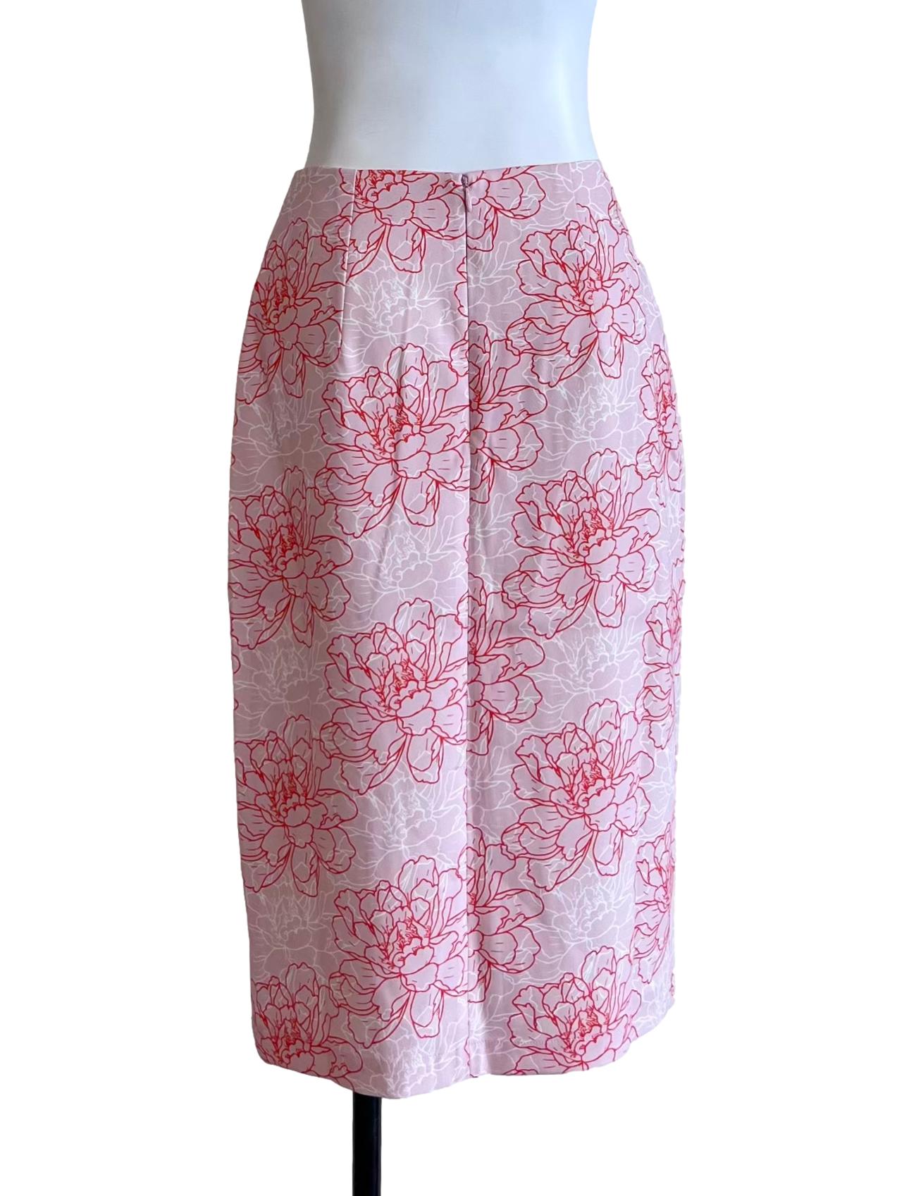 Pink Floral Print Pencil Skirt With Slit