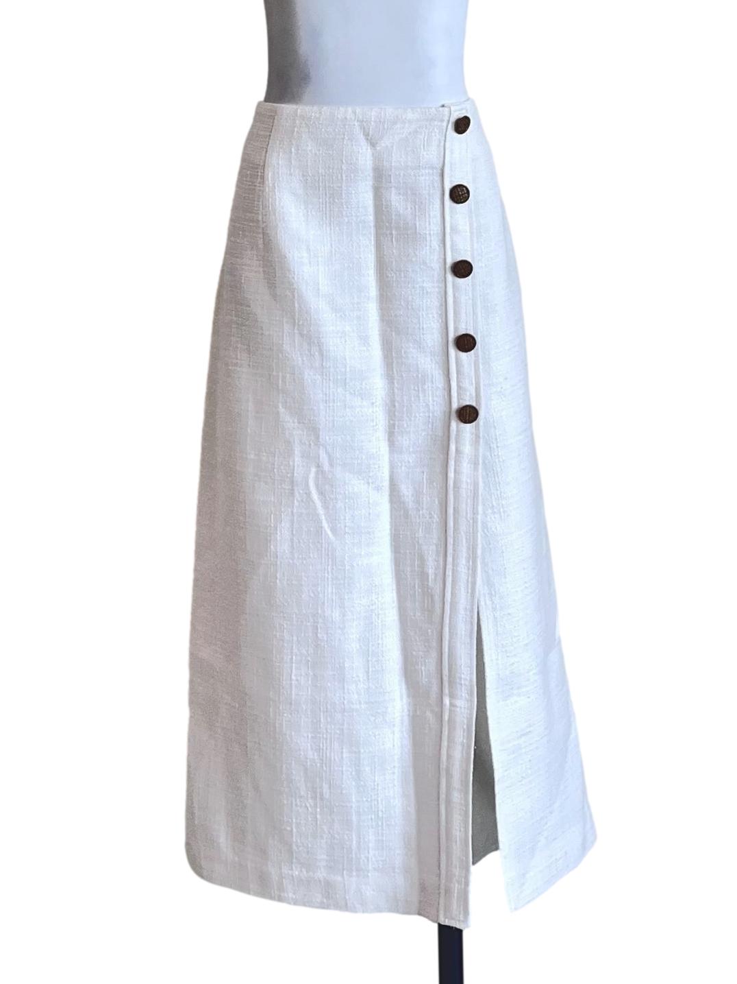 White Textured Button A-Line Skirt