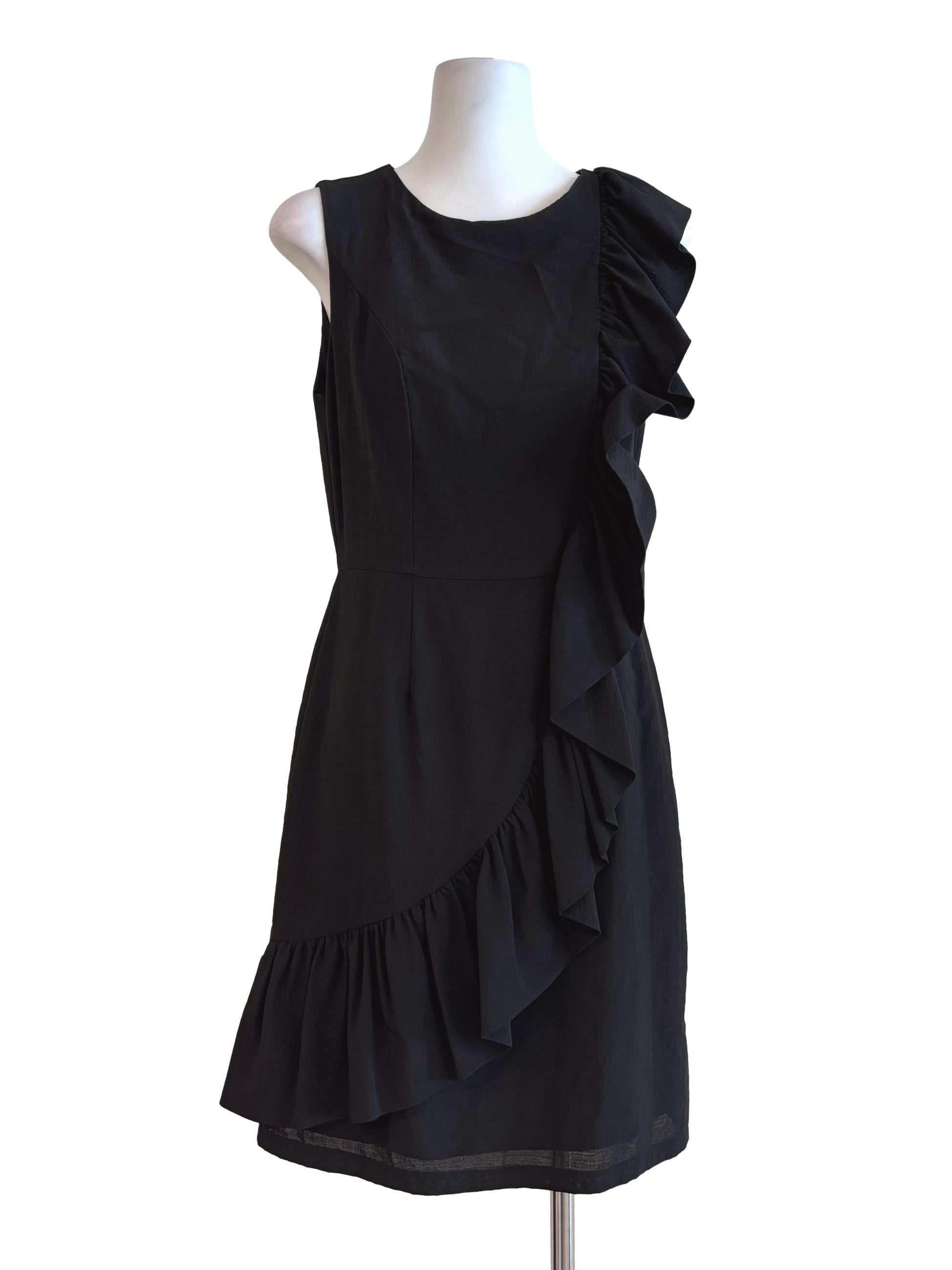 Soft Black Sleeveless Ruffle A-Line Dress