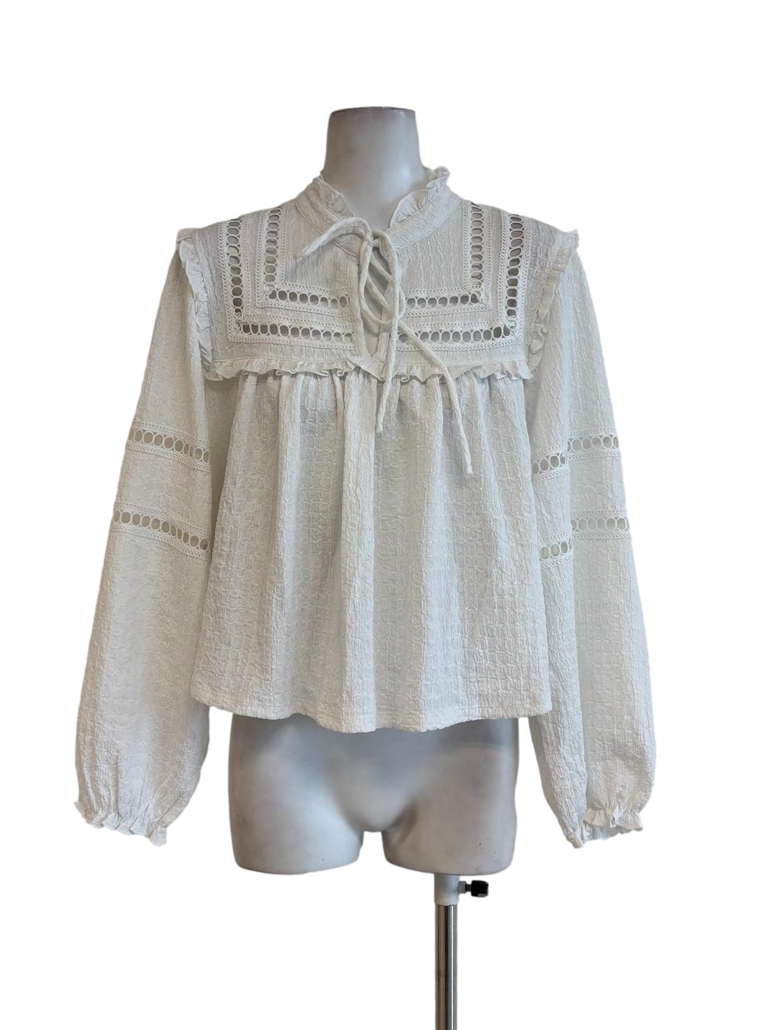 White Textured Longsleeve Blouse