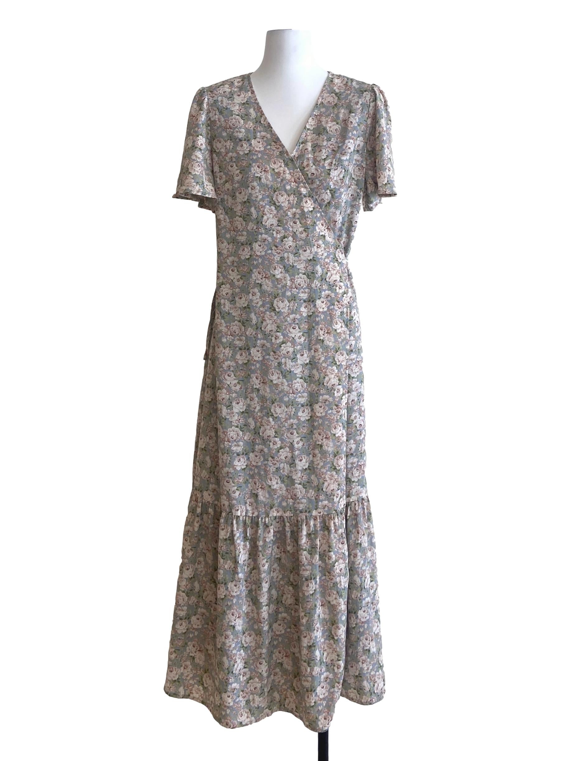 Blue Floral V- Neck Wrap Dress