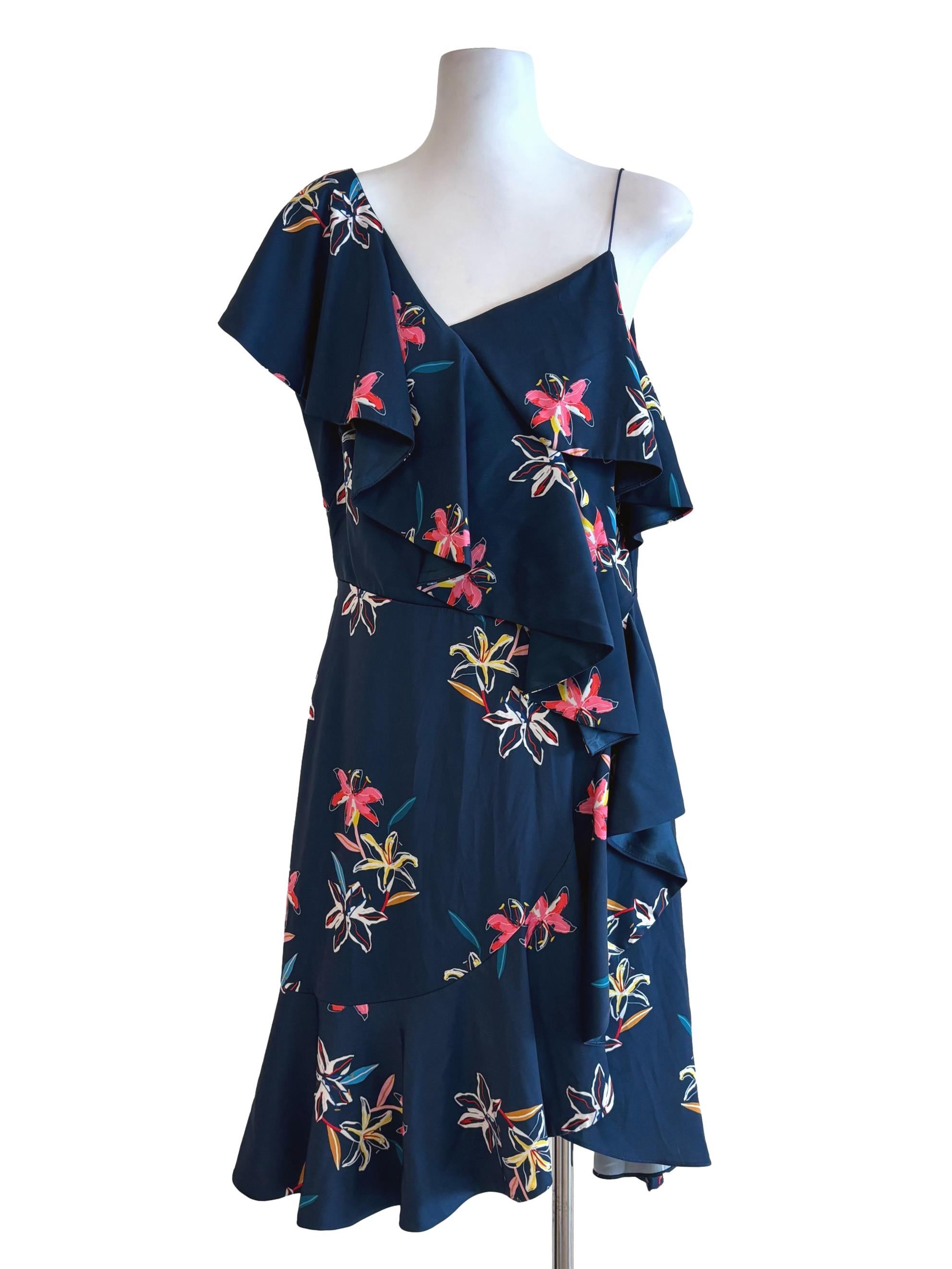 Navy Blue One Strap Floral Ruffle Dress