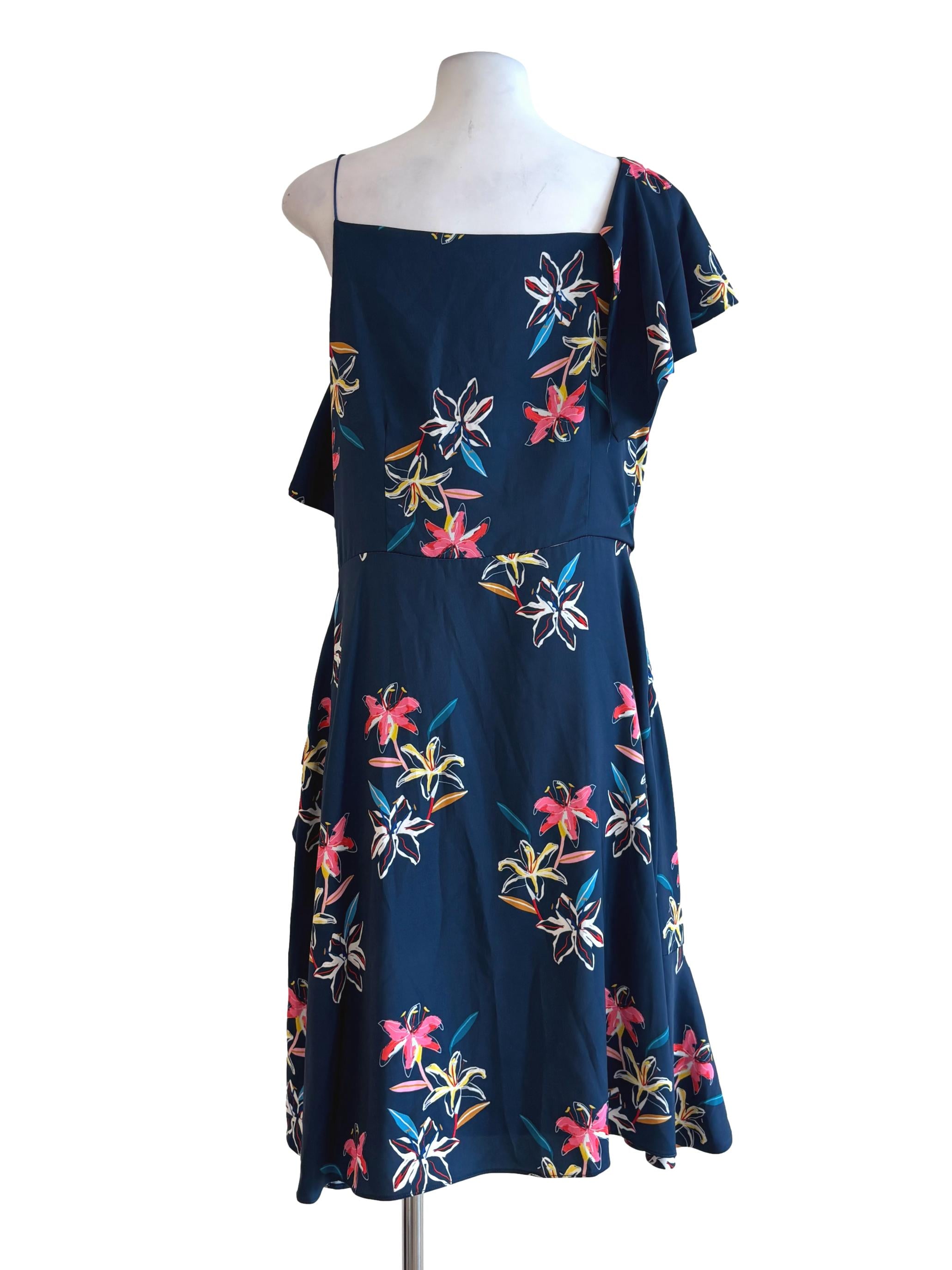 Navy Blue One Strap Floral Ruffle Dress