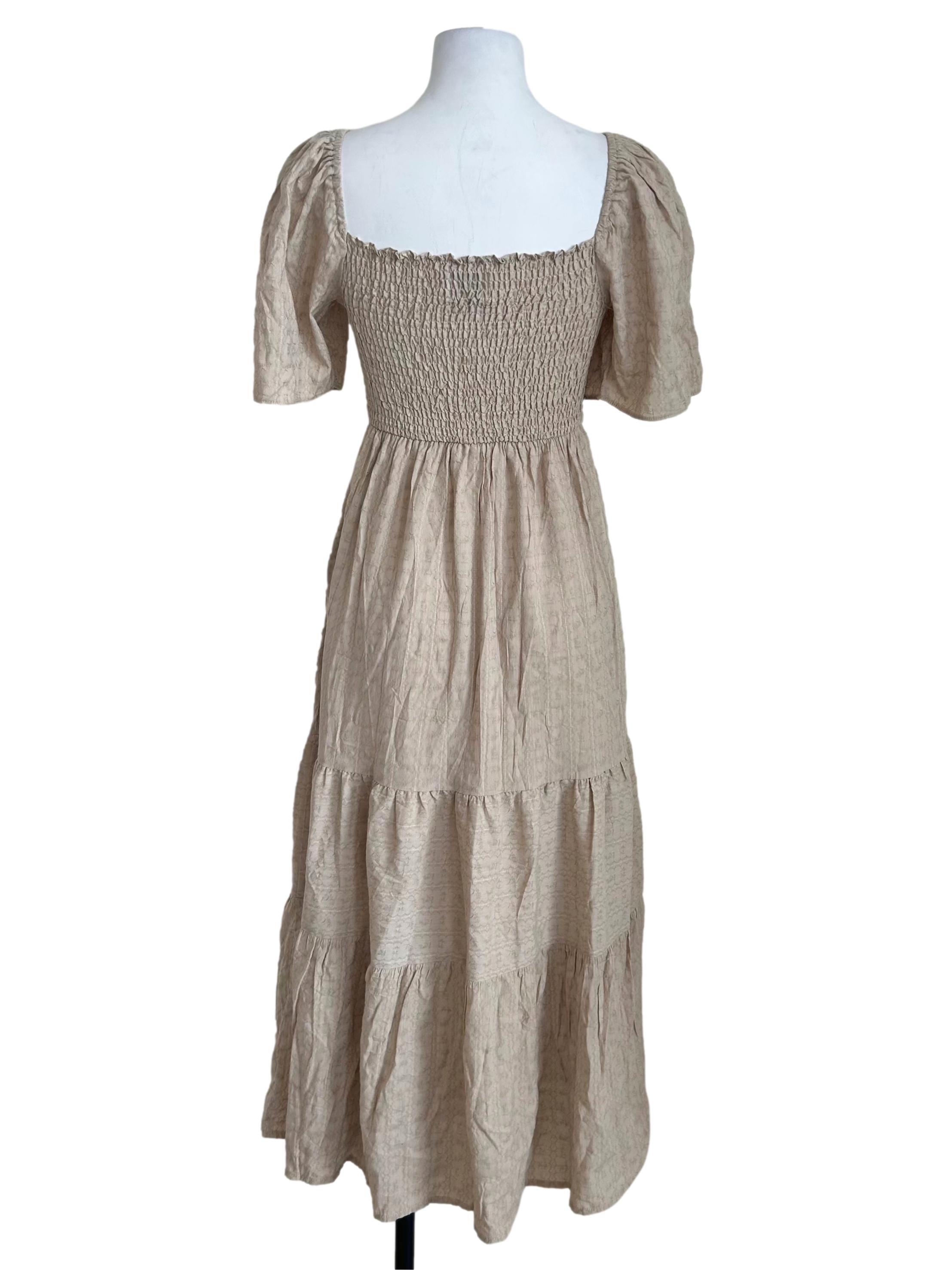 Beige Smocked Tiered Dress