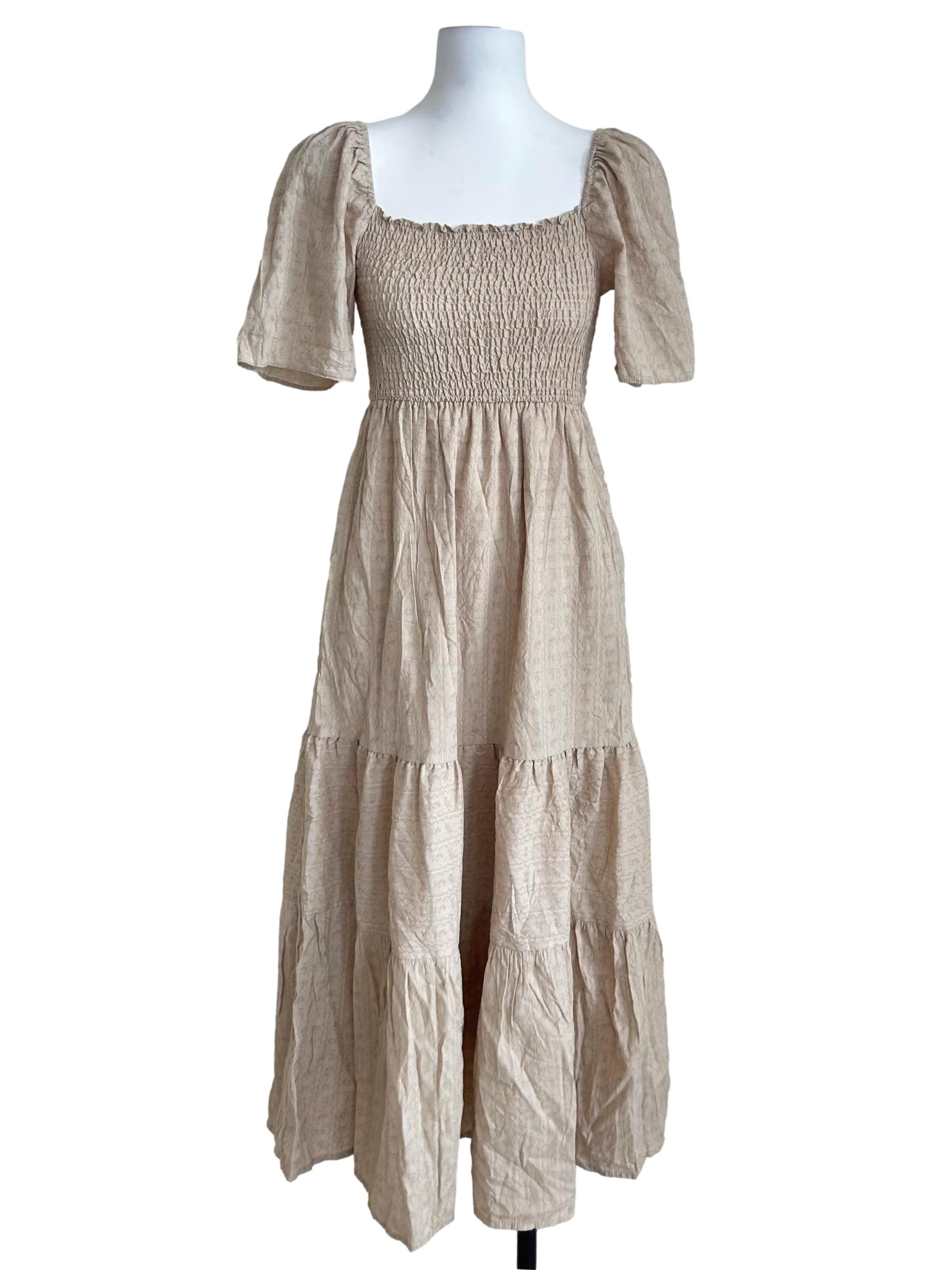 Beige Smocked Tiered Dress
