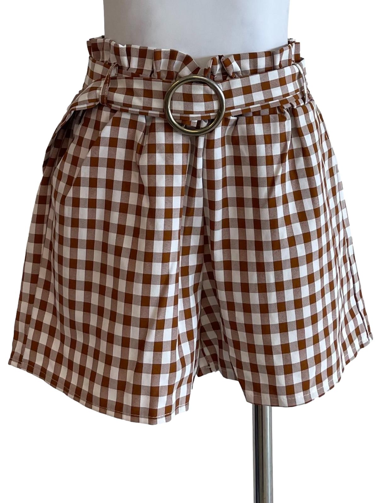 Cider Brown Gingham Ruffle Shorts