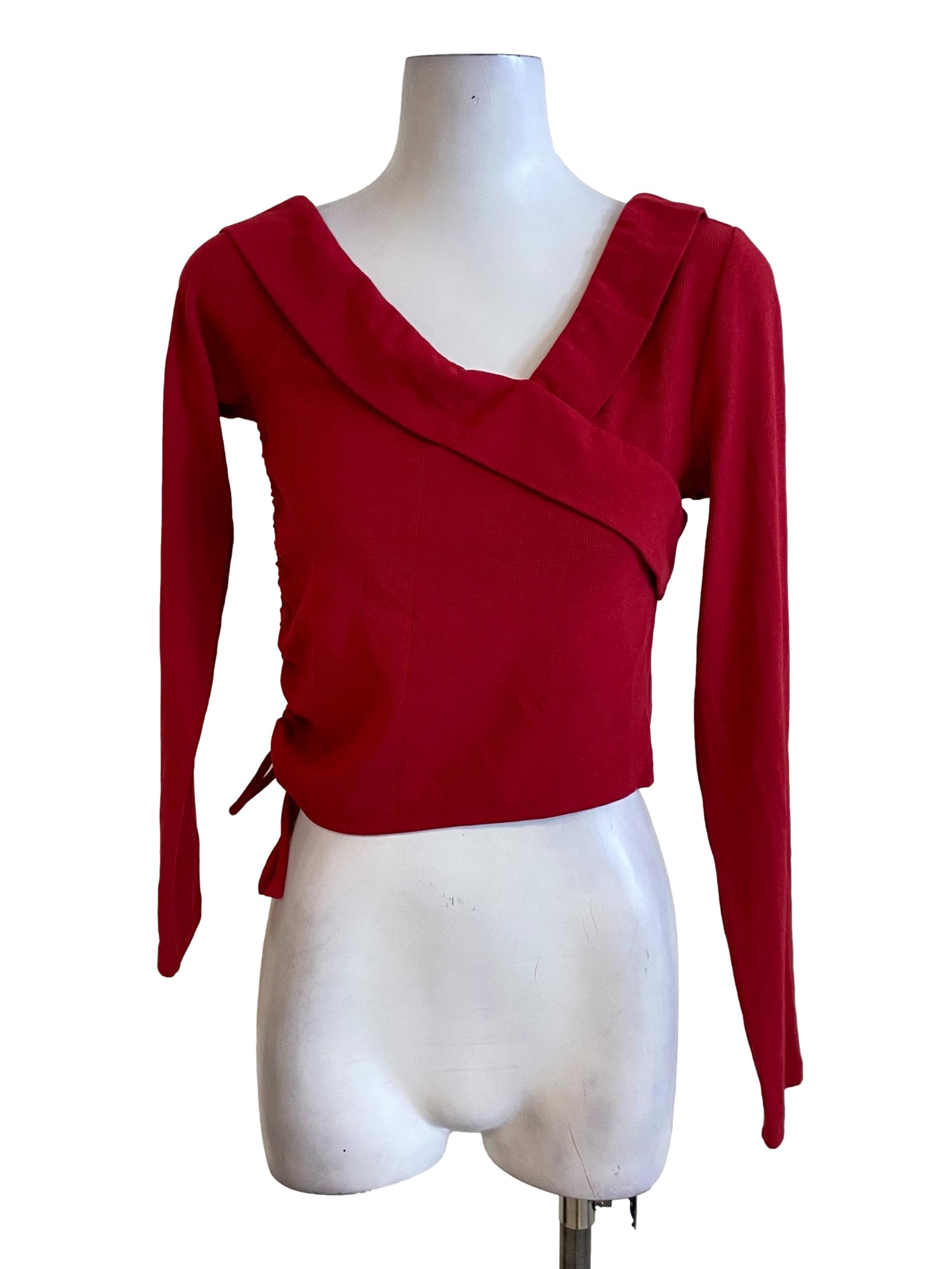 Cherry Red Asymmetric Bust Knitted Long Sleeved Top