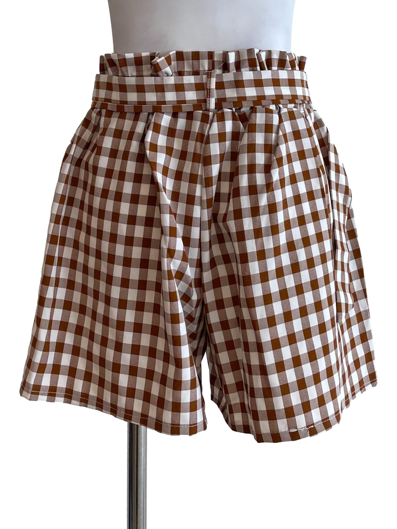 Cider Brown Gingham Ruffle Shorts