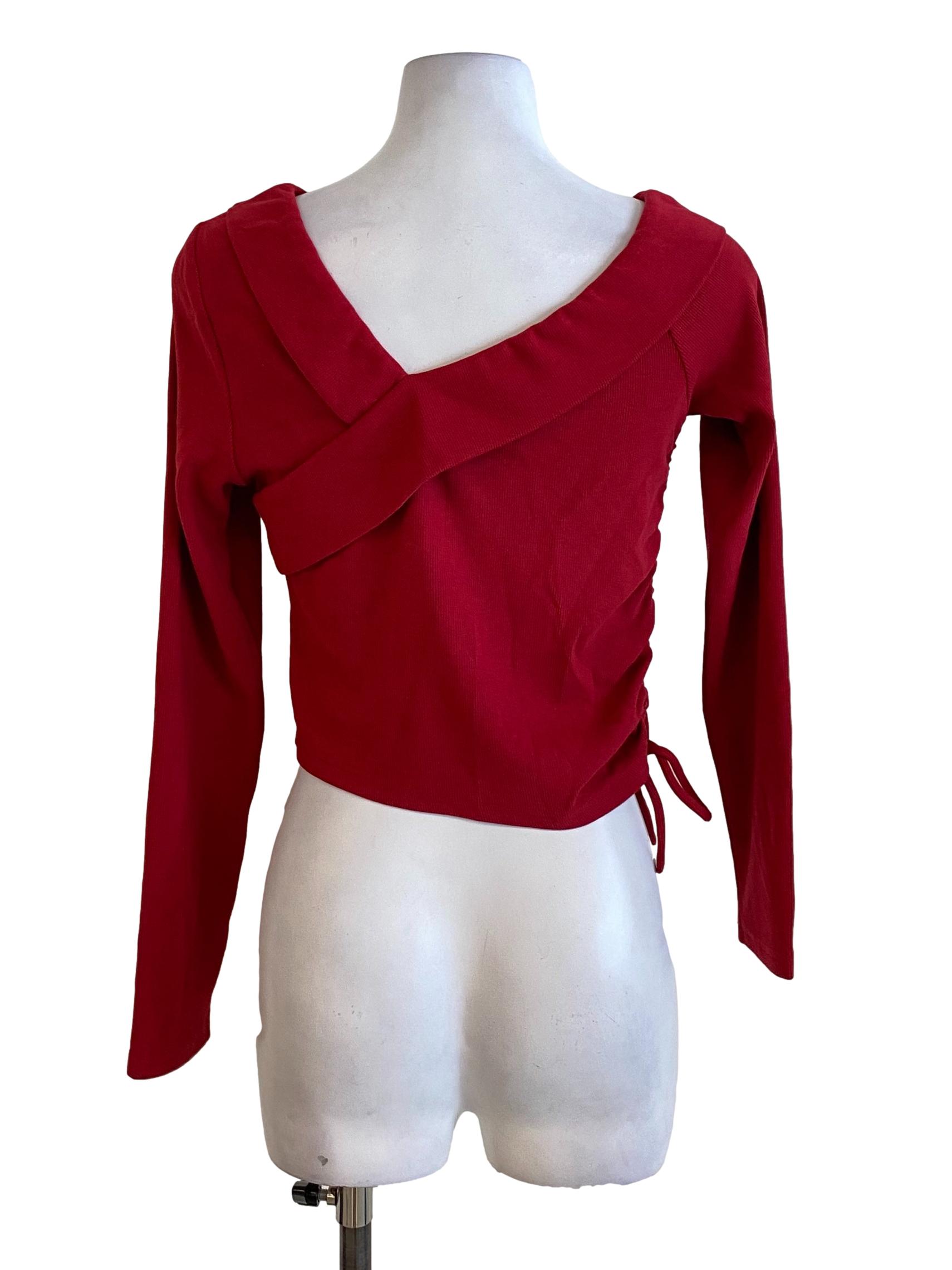Cherry Red Asymmetric Bust Knitted Long Sleeved Top