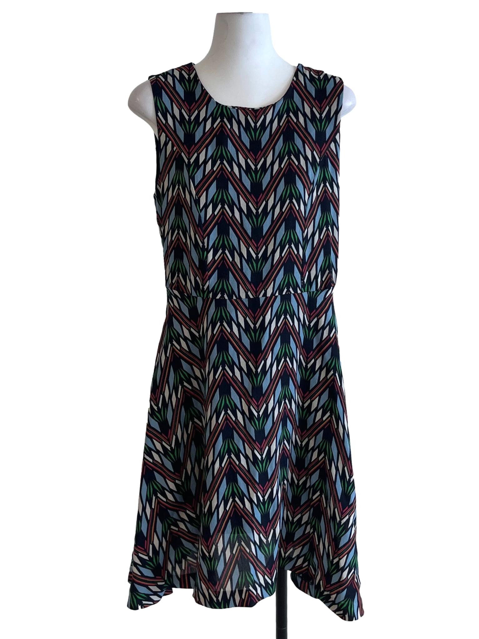 Navy Blue Jewel Neckline Patterned Dress