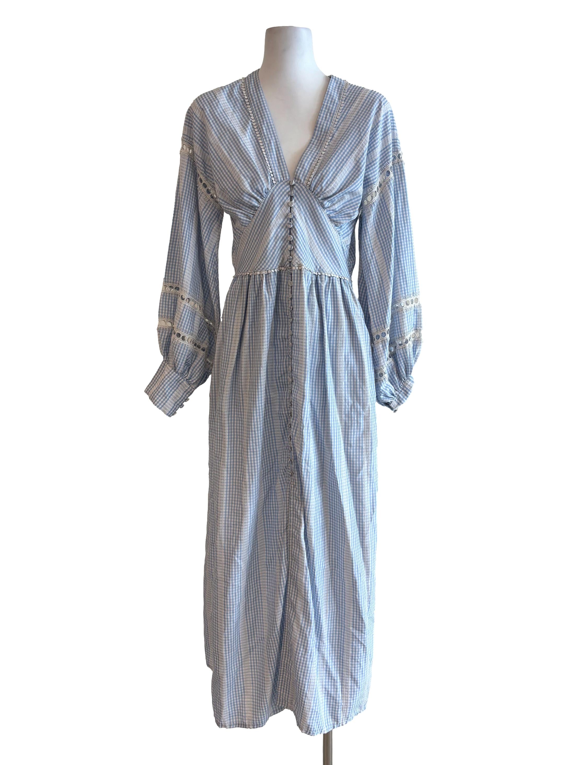 Baby Blue Cinched Waist Checkered Button Dress
