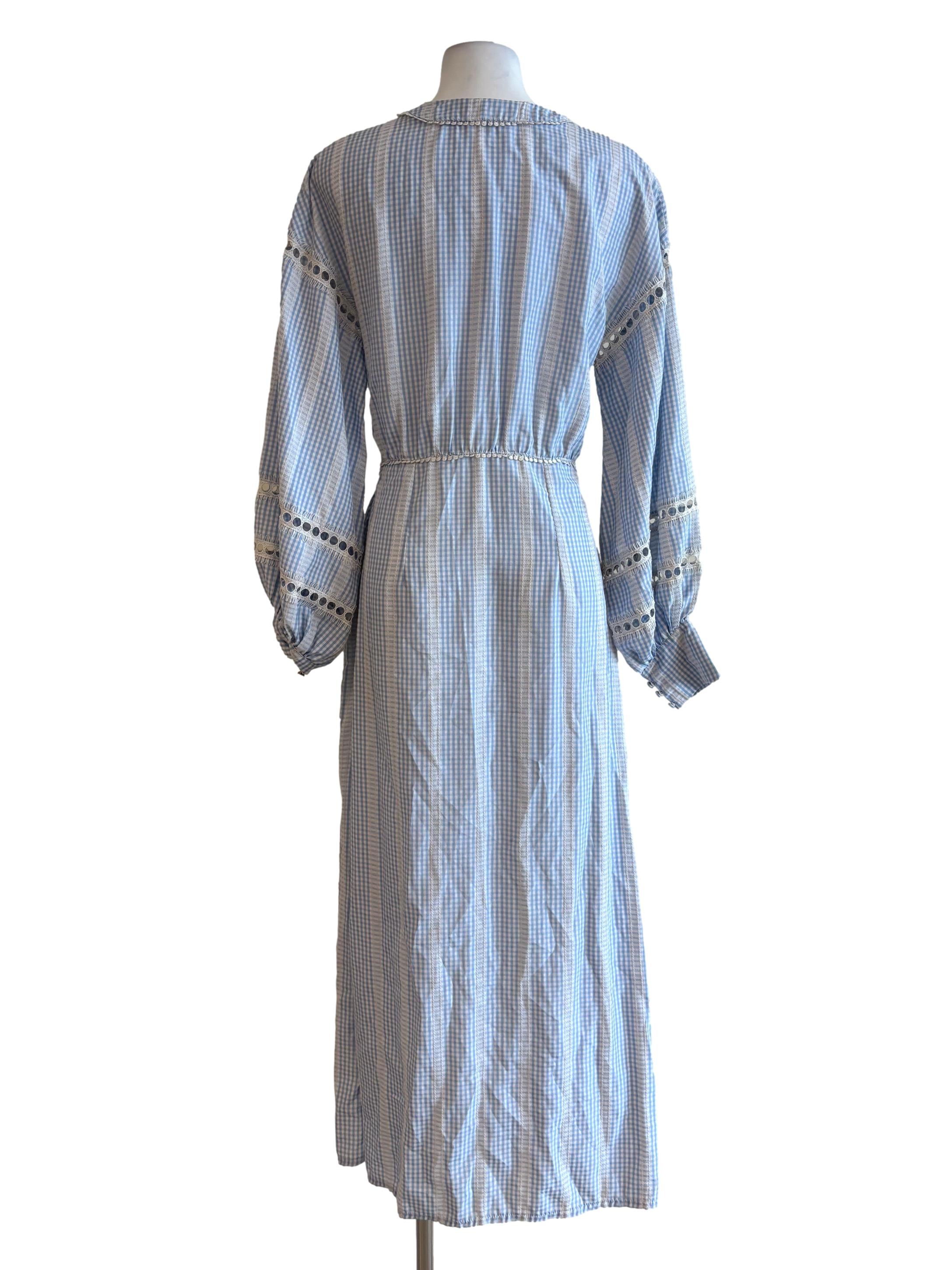 Baby Blue Cinched Waist Checkered Button Dress