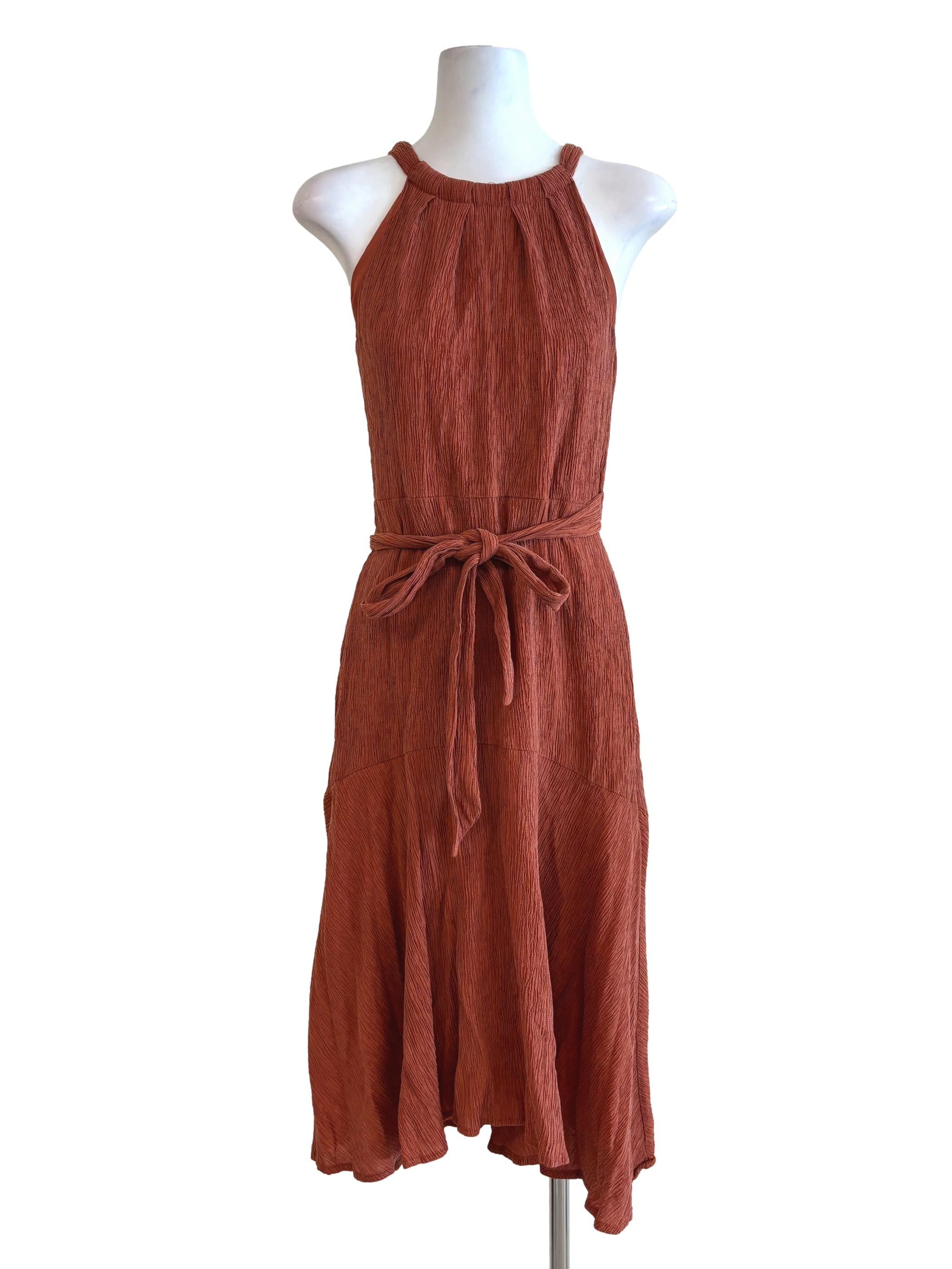 Mahogany Brown Sleeveless Crinkled Dress