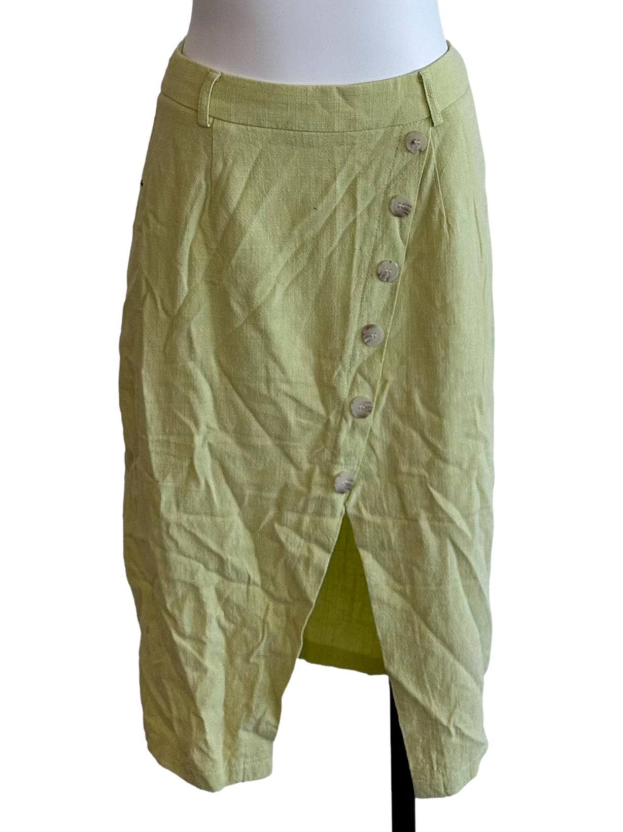 Lime Green Textured Button Slit Skirt