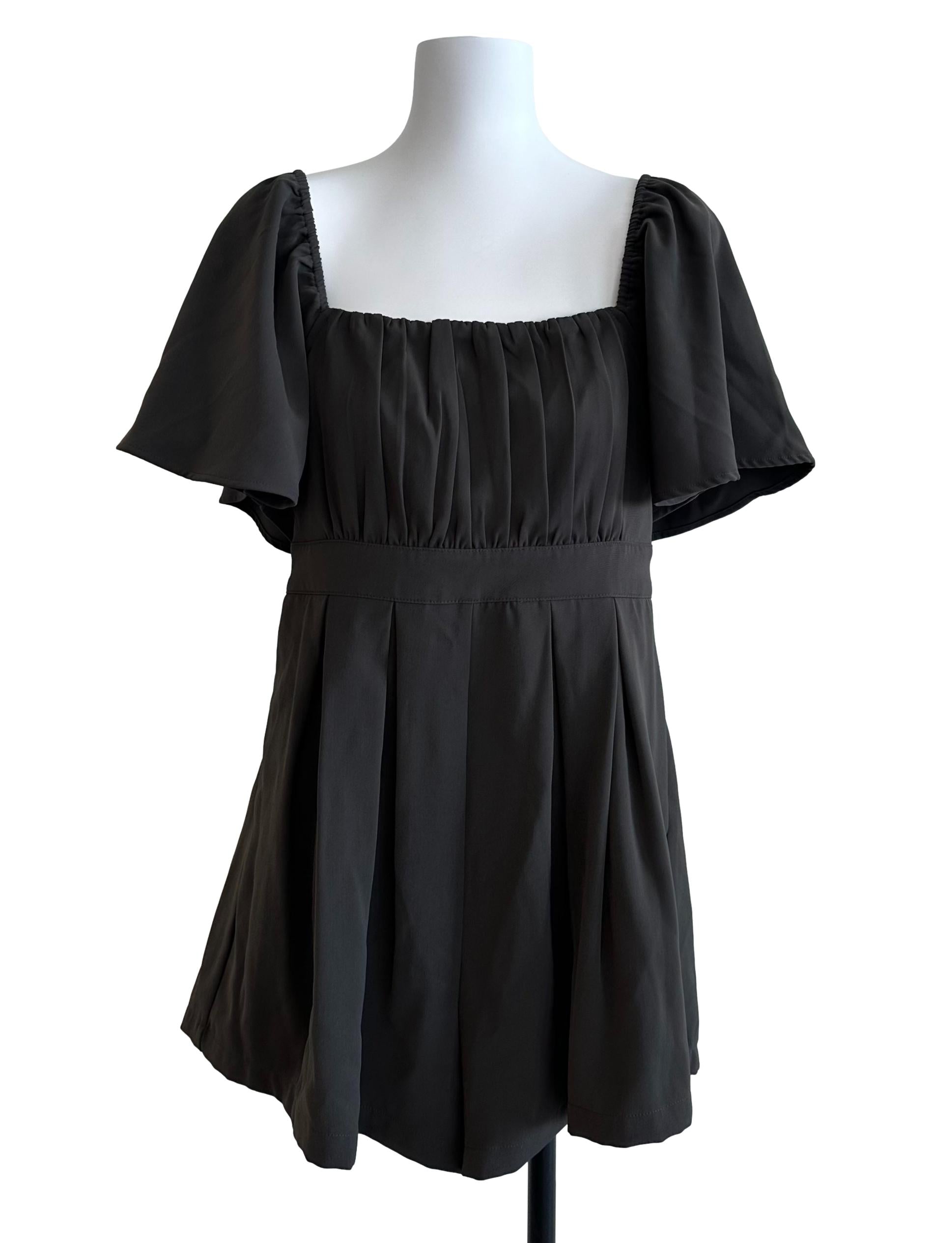 Dark Grey Square Neck Ruched Box Pleated Rompers