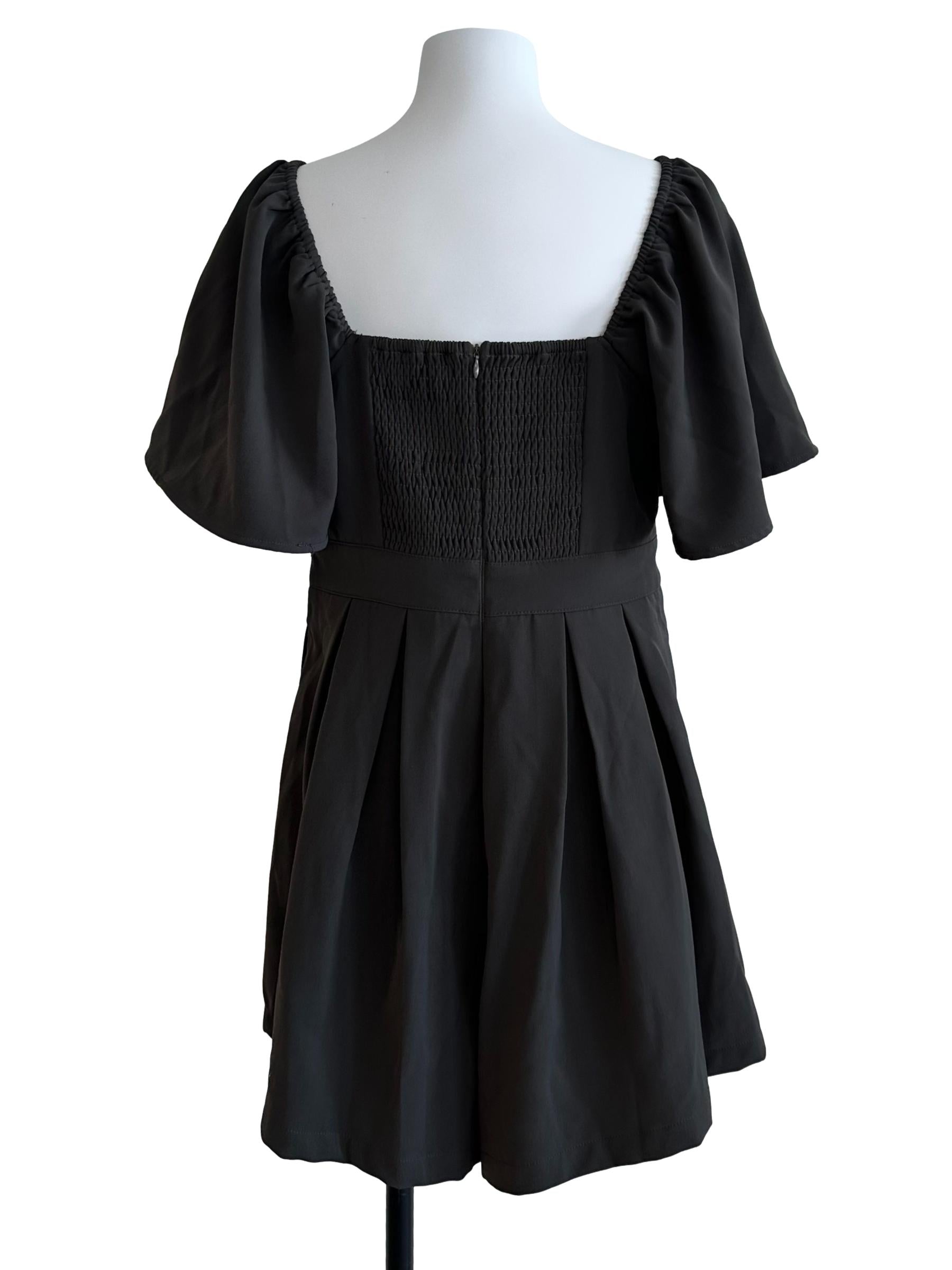 Dark Grey Square Neck Ruched Box Pleated Rompers
