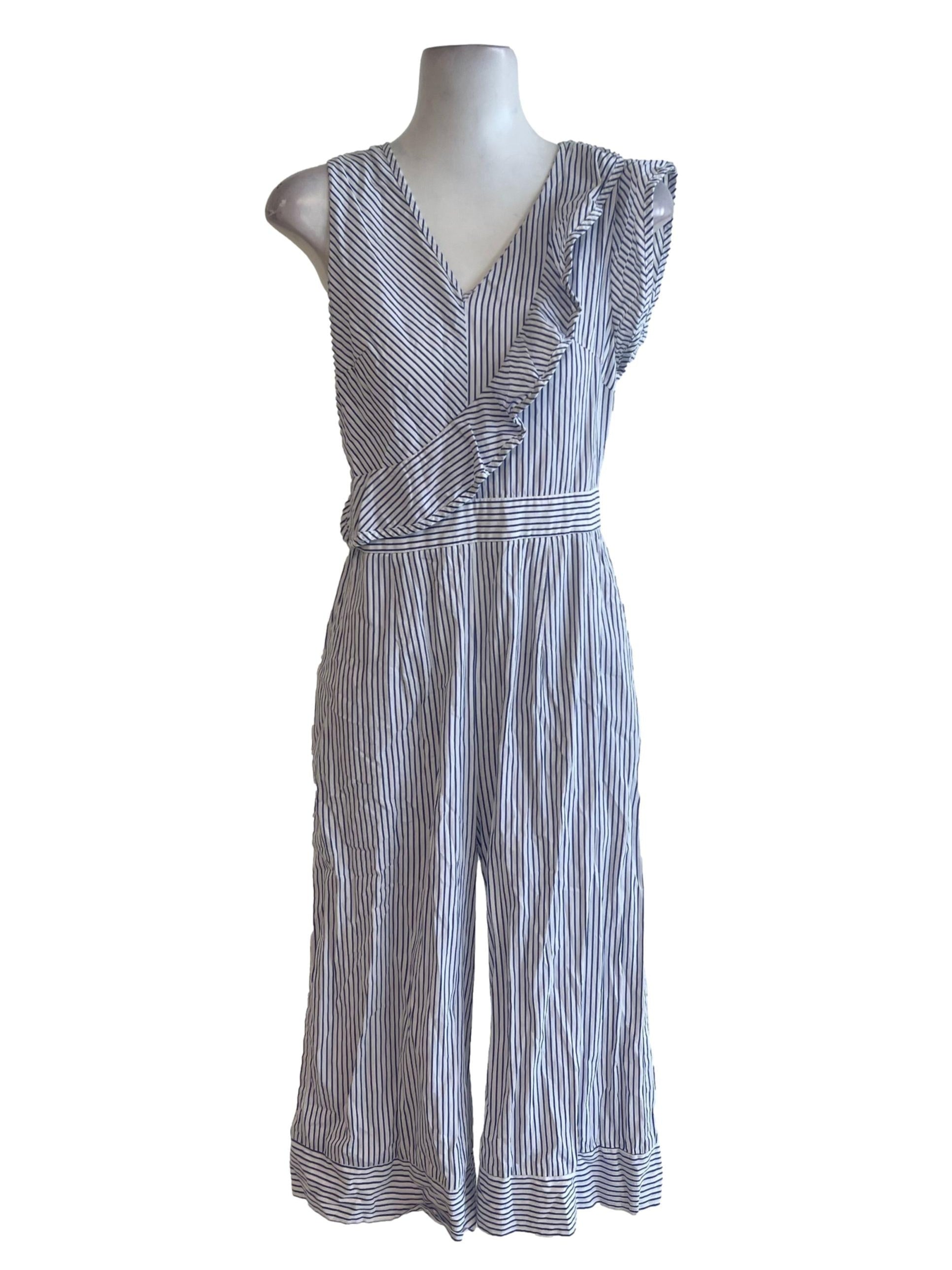 Blue White Candy Stripes Asymmetric Ruffle Jumpsuit