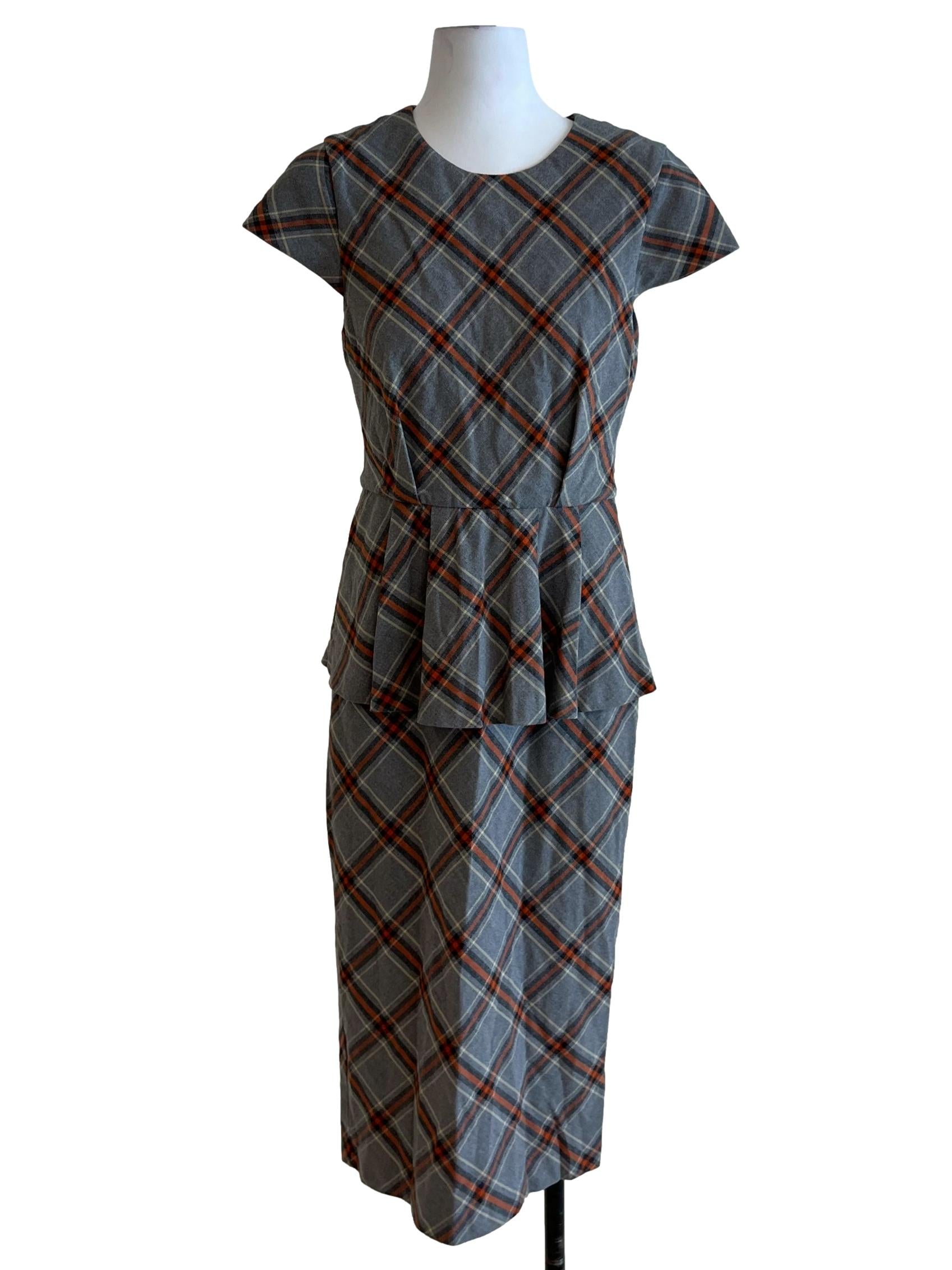 Grey Madras Cap Sleeve Dress