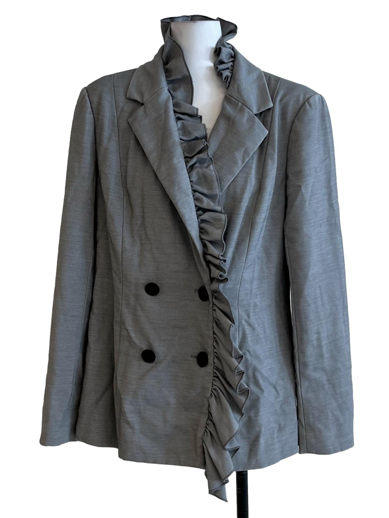 Grey Ruffle Collar Double-Breasted Blazer