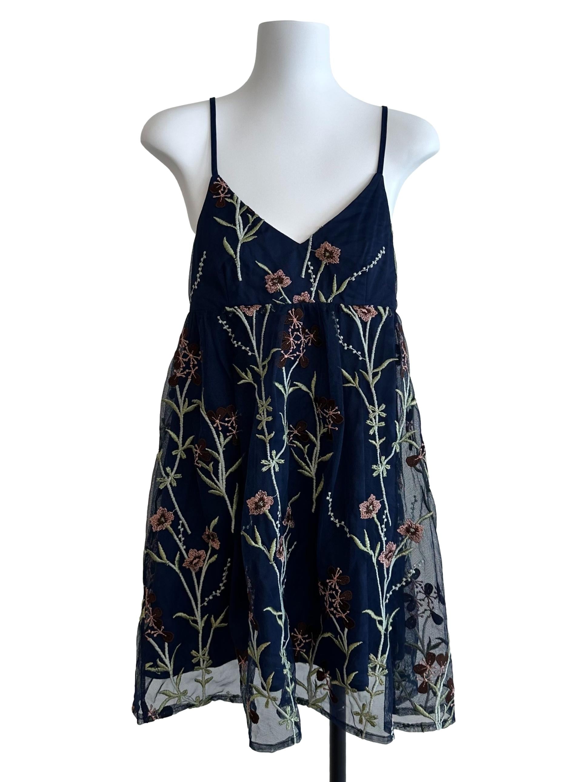 Navy Blue Floral Lace V Neck Dress