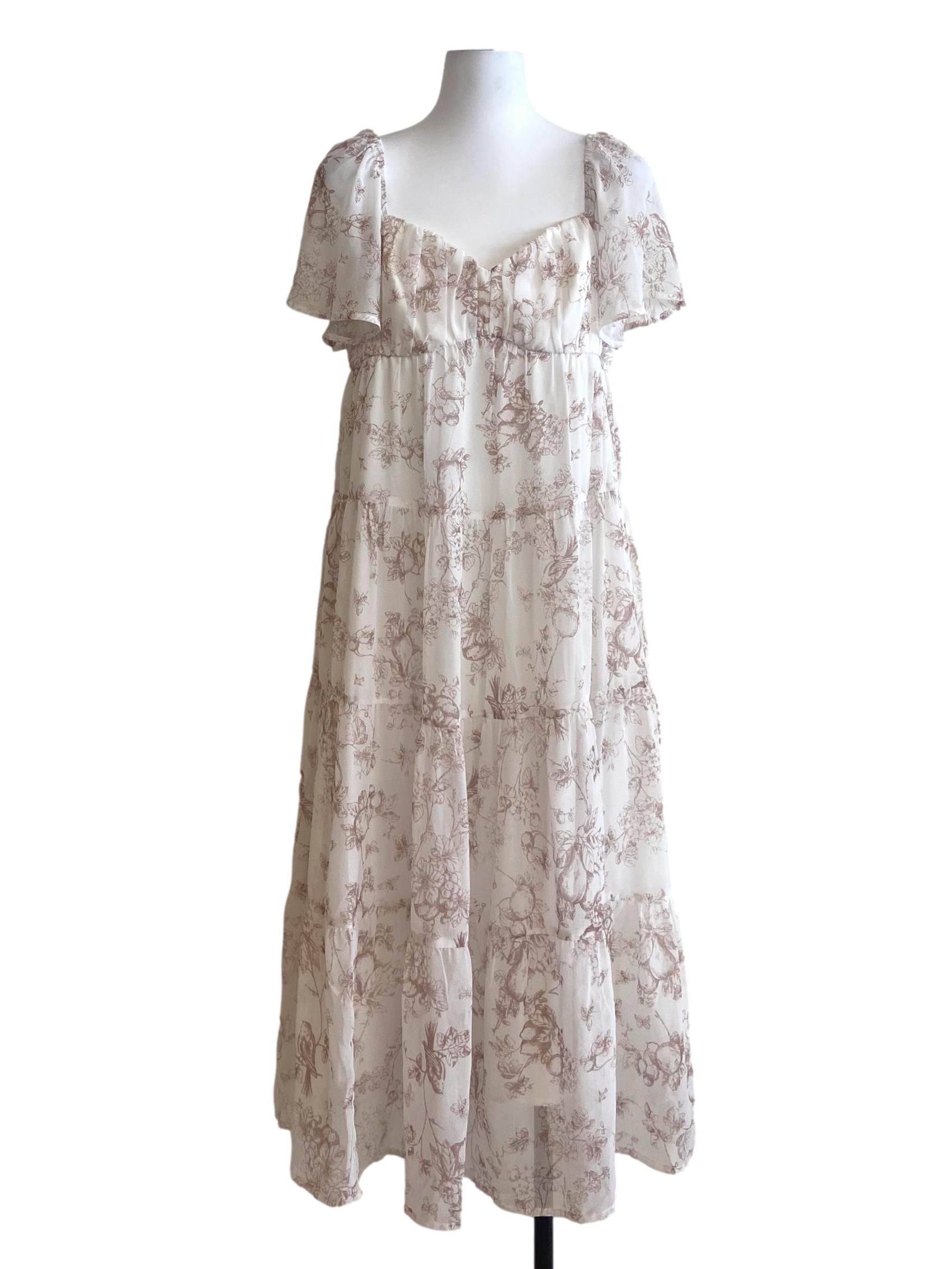 White & Brown Floral Layered Dress