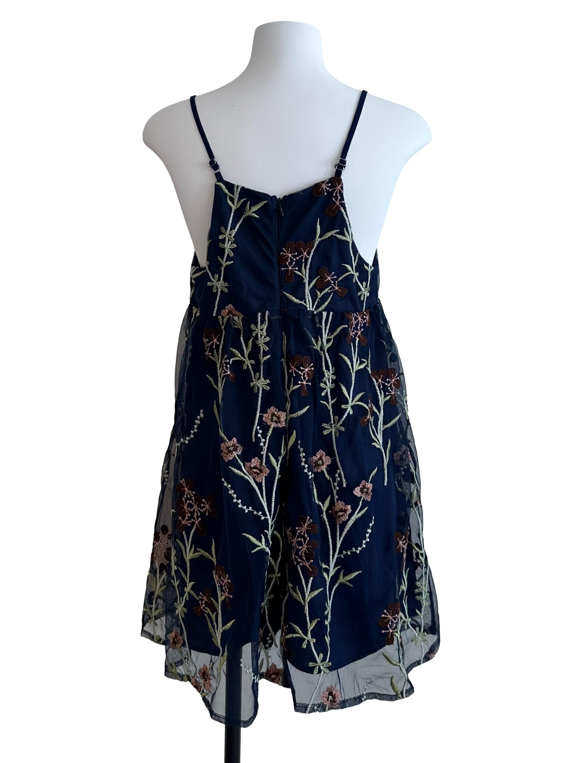 Navy Blue Floral Lace V Neck Dress