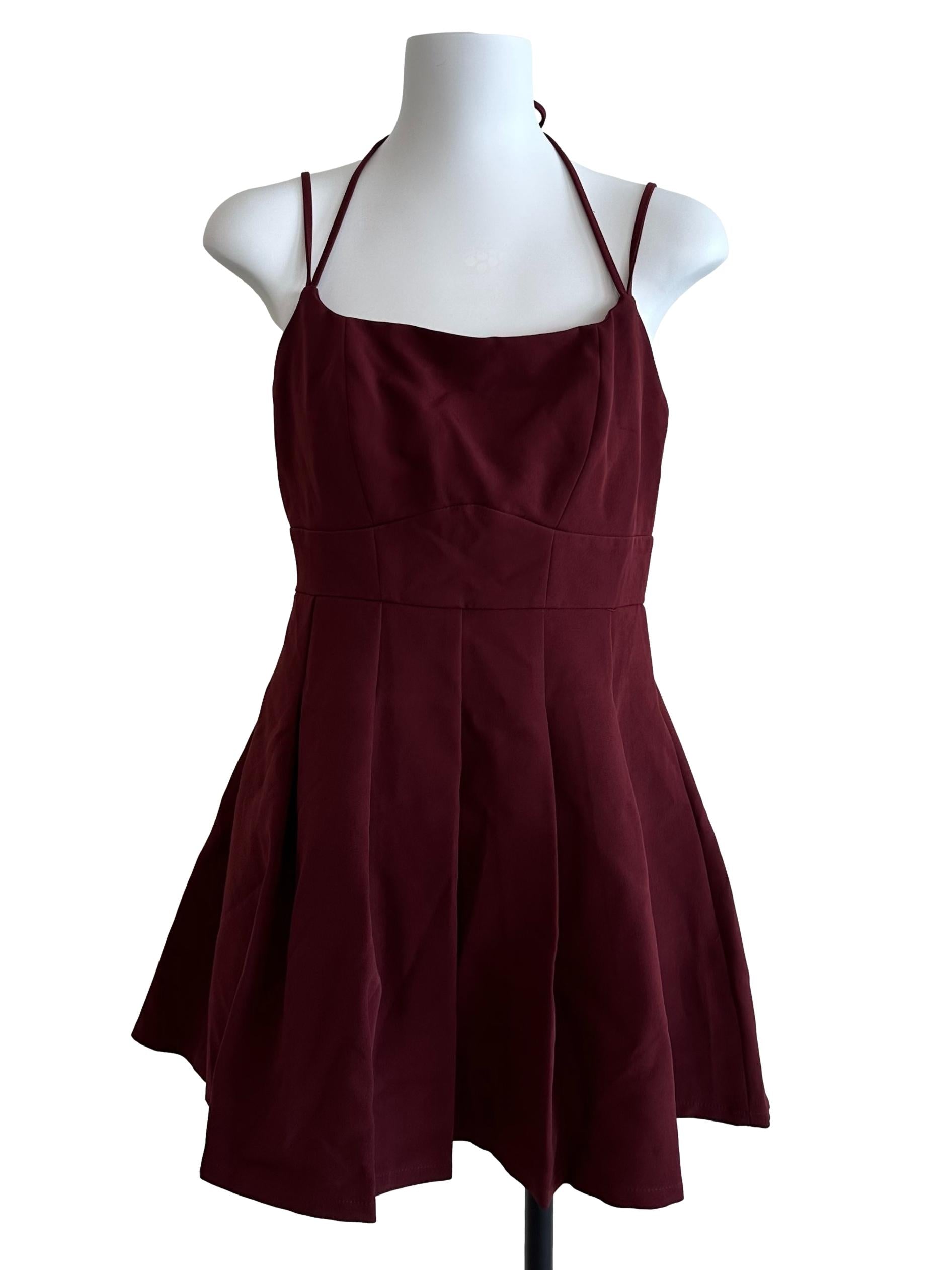 Maroon Red Pleated Double Strap Dress
