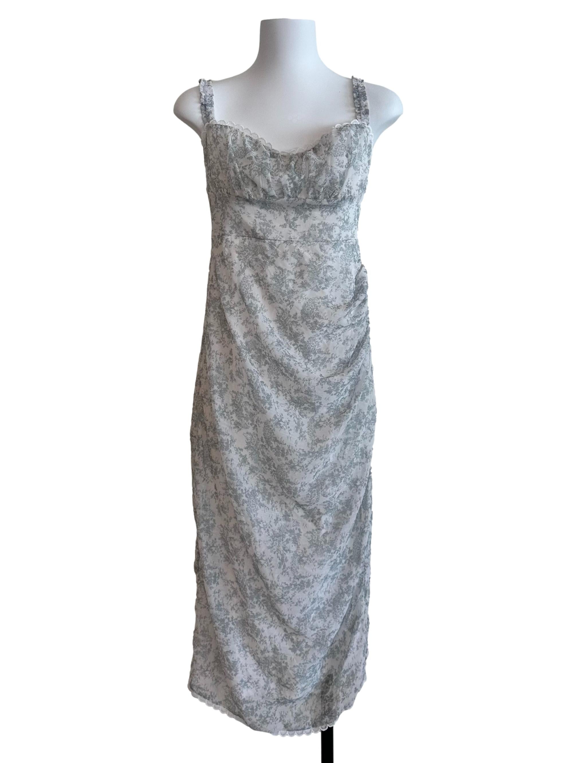 White Grey Floral Pattern Side Drape Dress