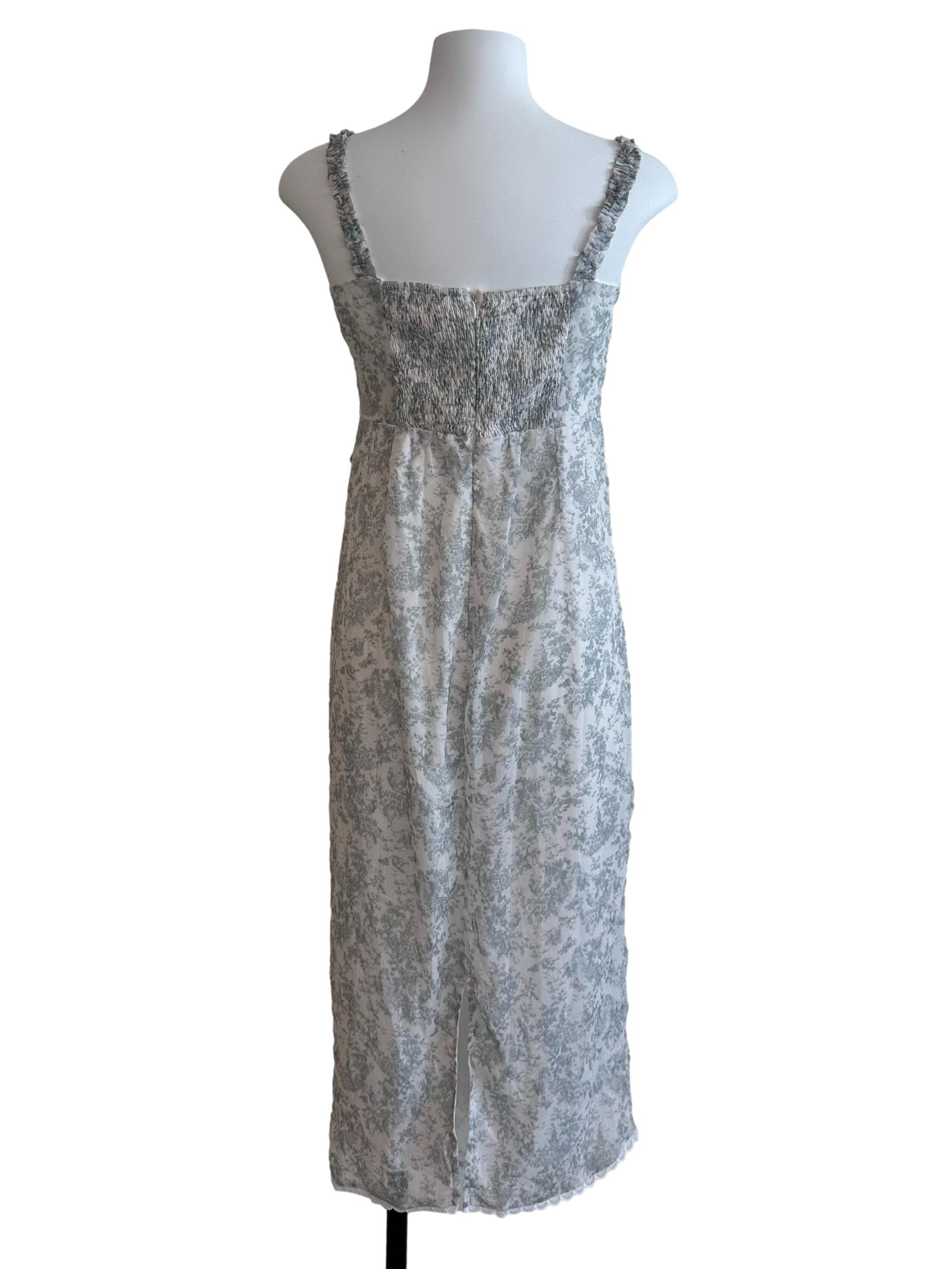 White Grey Floral Pattern Side Drape Dress