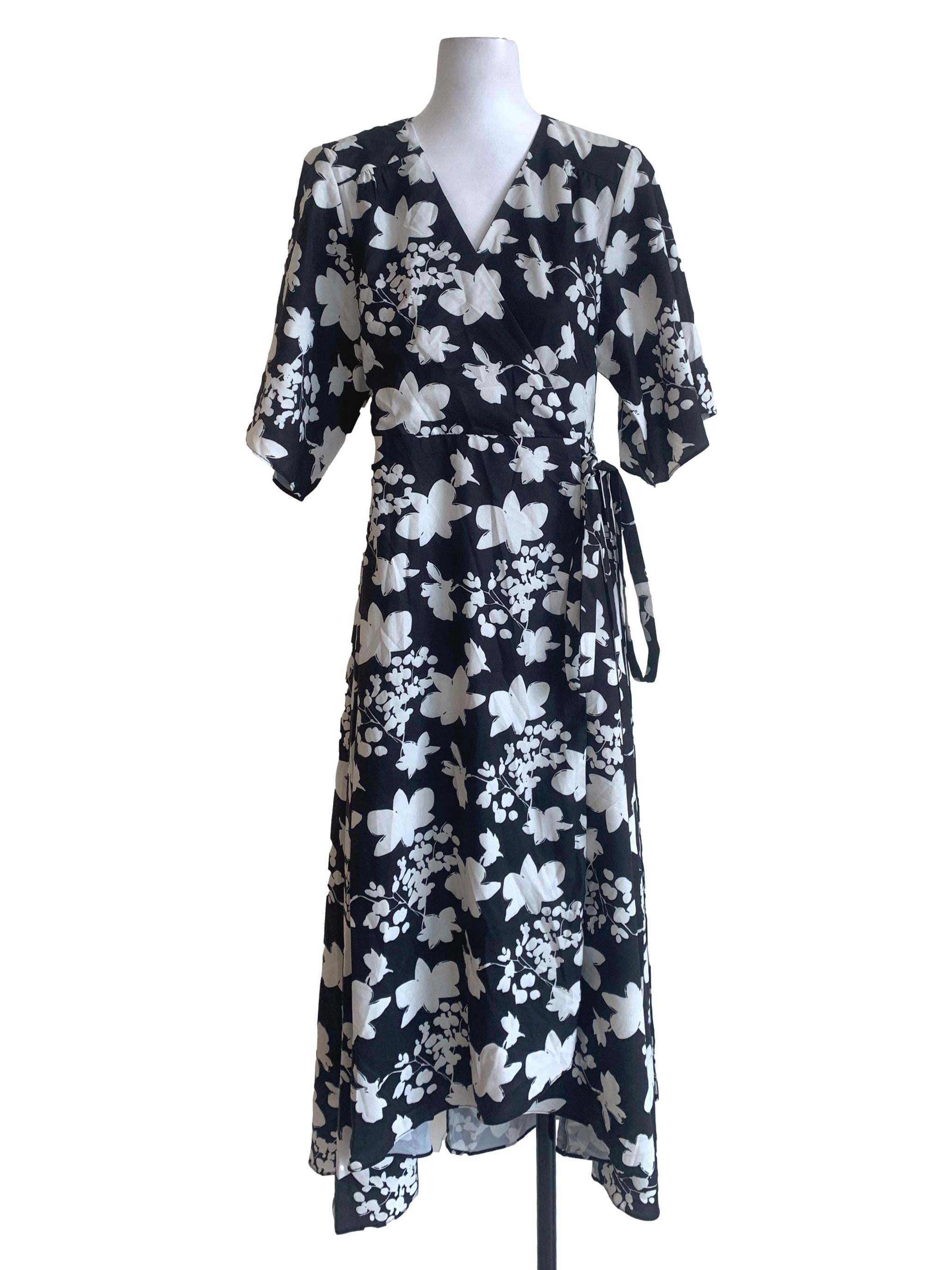 Black Floral Pattern Wrapped Dress