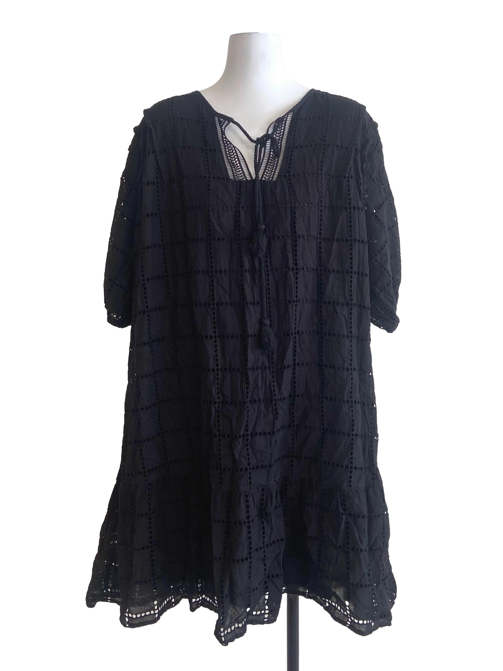 Black Embroidery V- Neck Drop Waist Dress