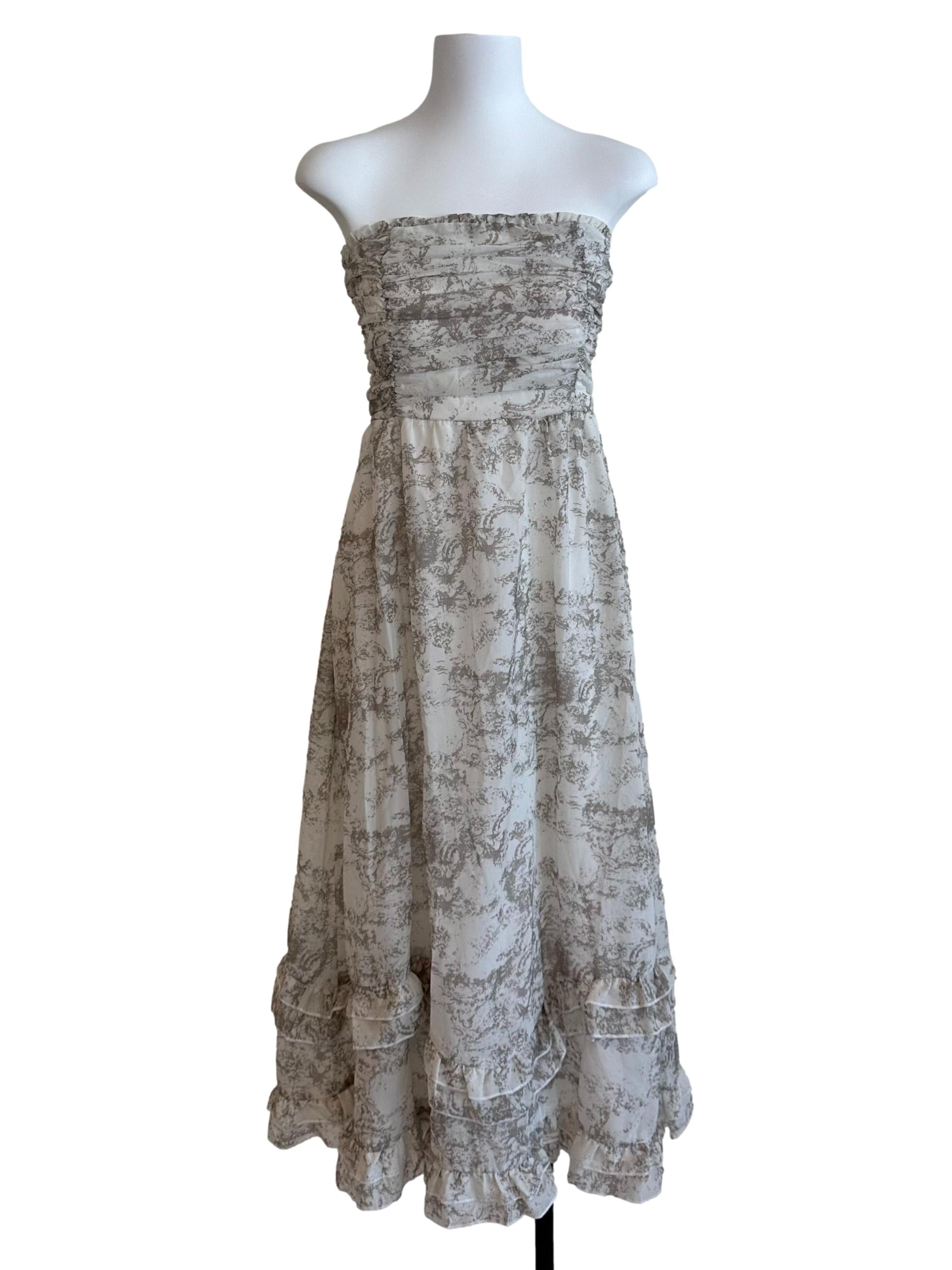 Beige White Pattern Ruched Ruffle Strapless Dress