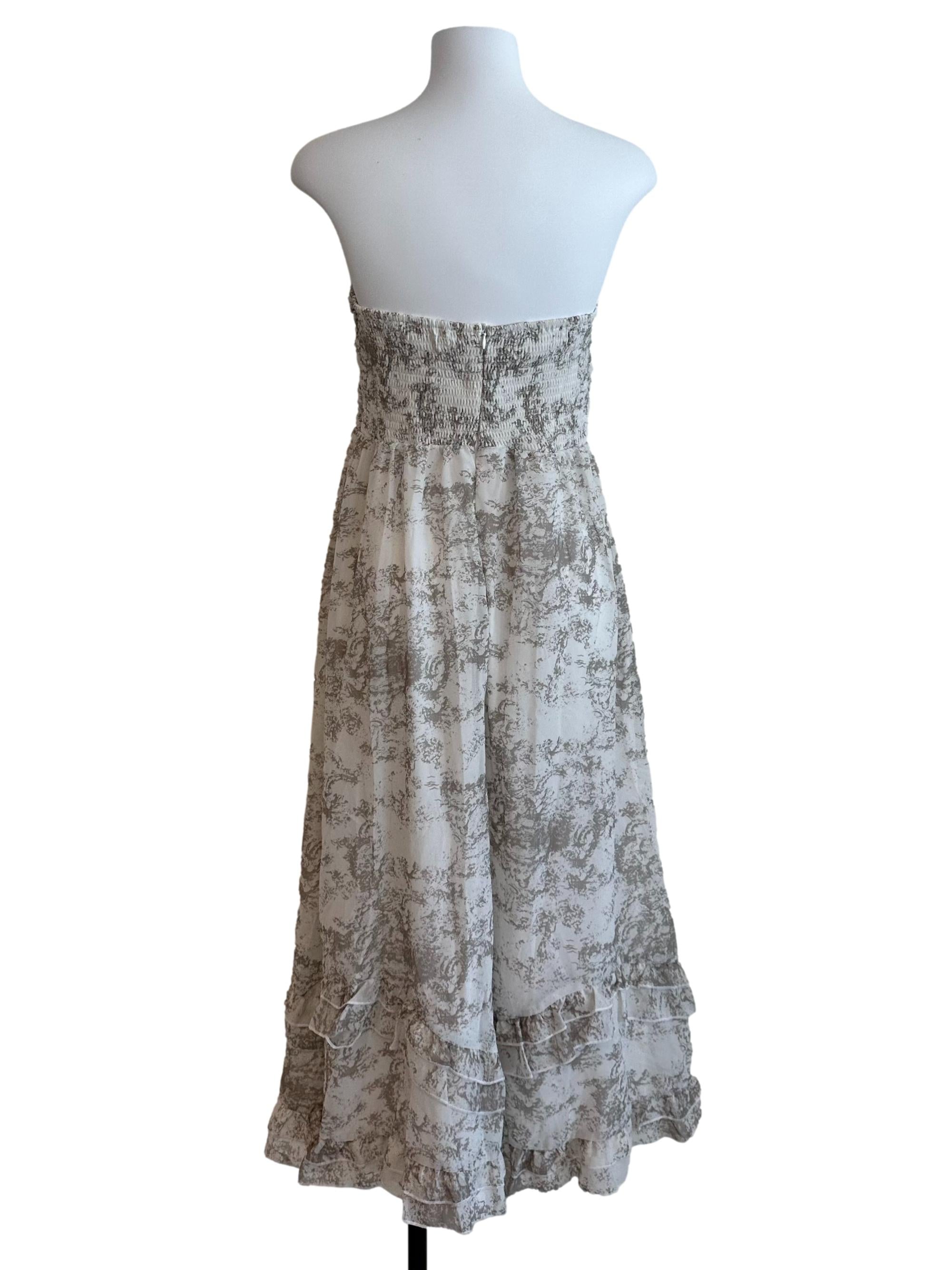 Beige White Pattern Ruched Ruffle Strapless Dress