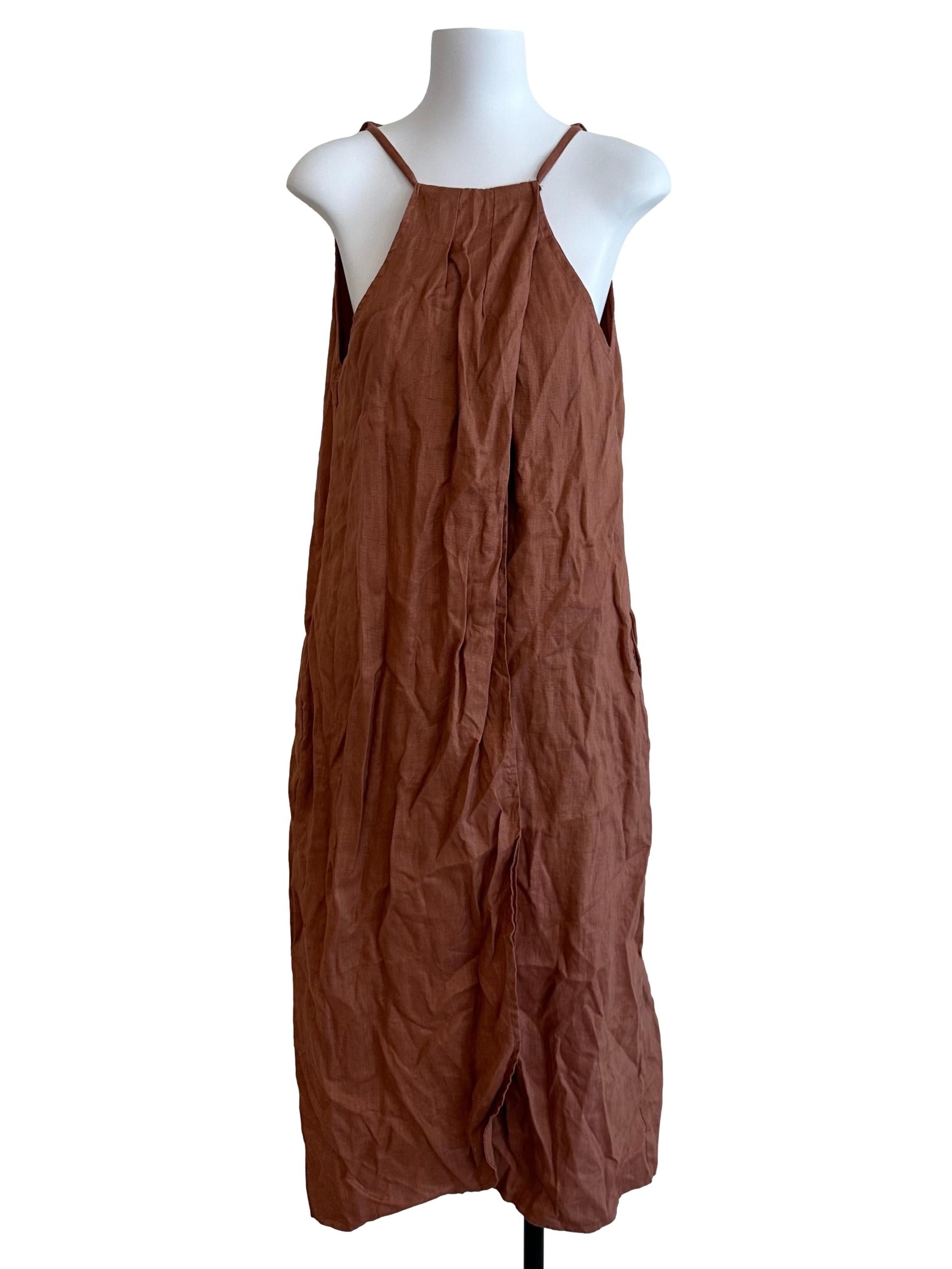 Chocolate Brown Overlap Halter Back Tie Dress